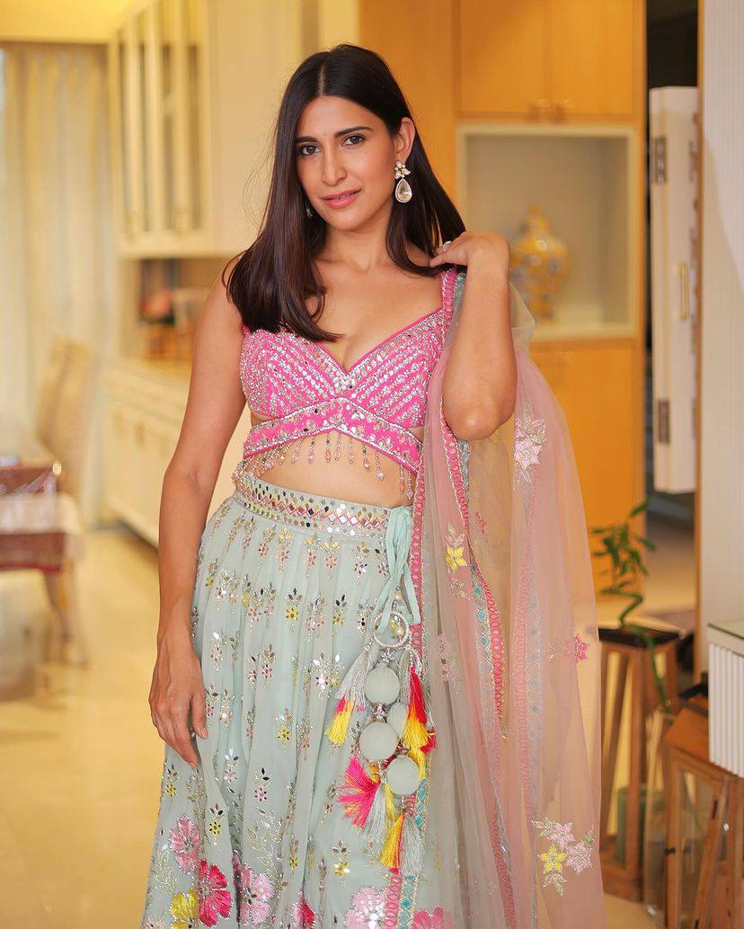 Classic Real Mirror Work Lehenga Choli with Pink Embroidered Blouse & Butterfly Net Dupatta