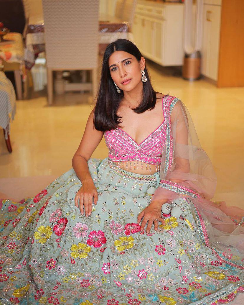 Classic Real Mirror Work Lehenga Choli with Pink Embroidered Blouse & Butterfly Net Dupatta