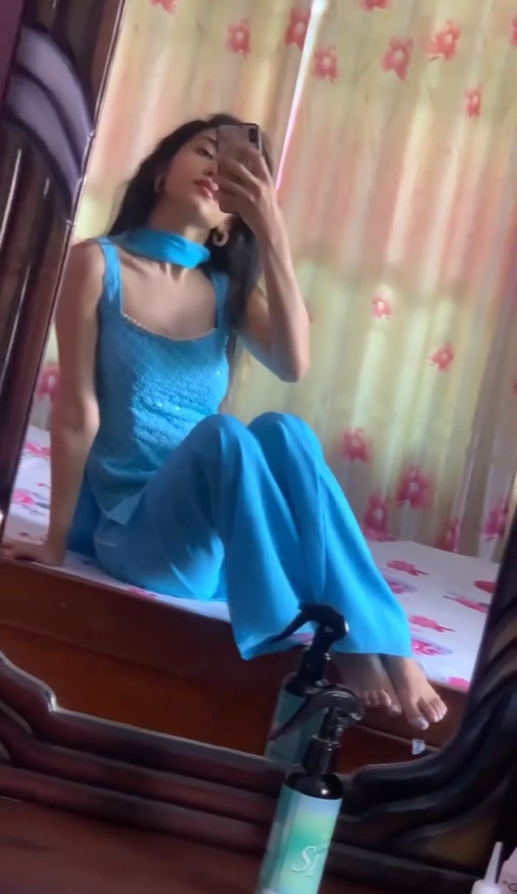 90's Iconic Sky Blue Embroidered Kurta Pant Set with Pearl Neckline & Dupatta