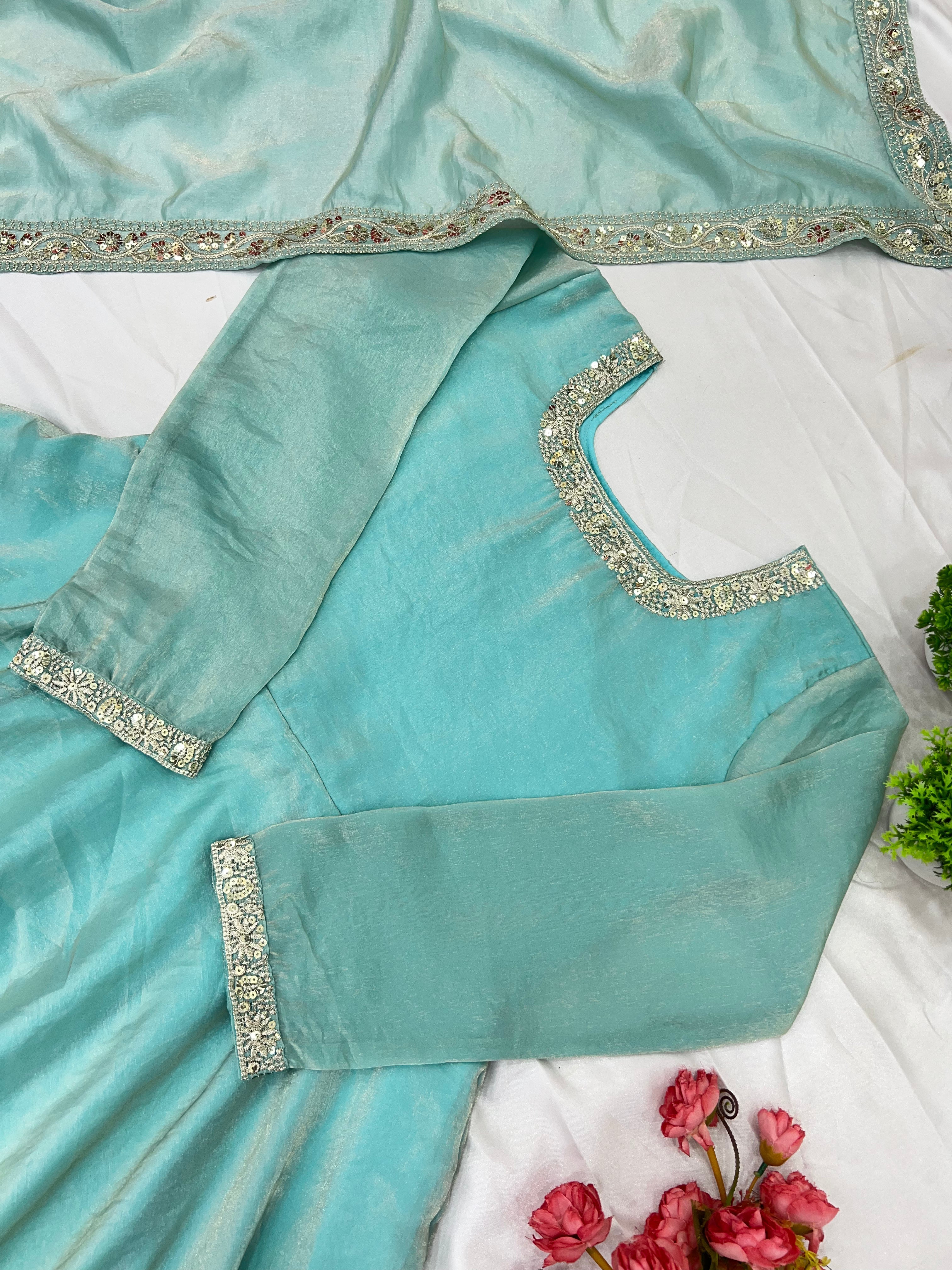 Gorgeous Fendi Silk Sequins Embroidered Fully Stitched Anarkali With Dupatta - ETHNICDEAL