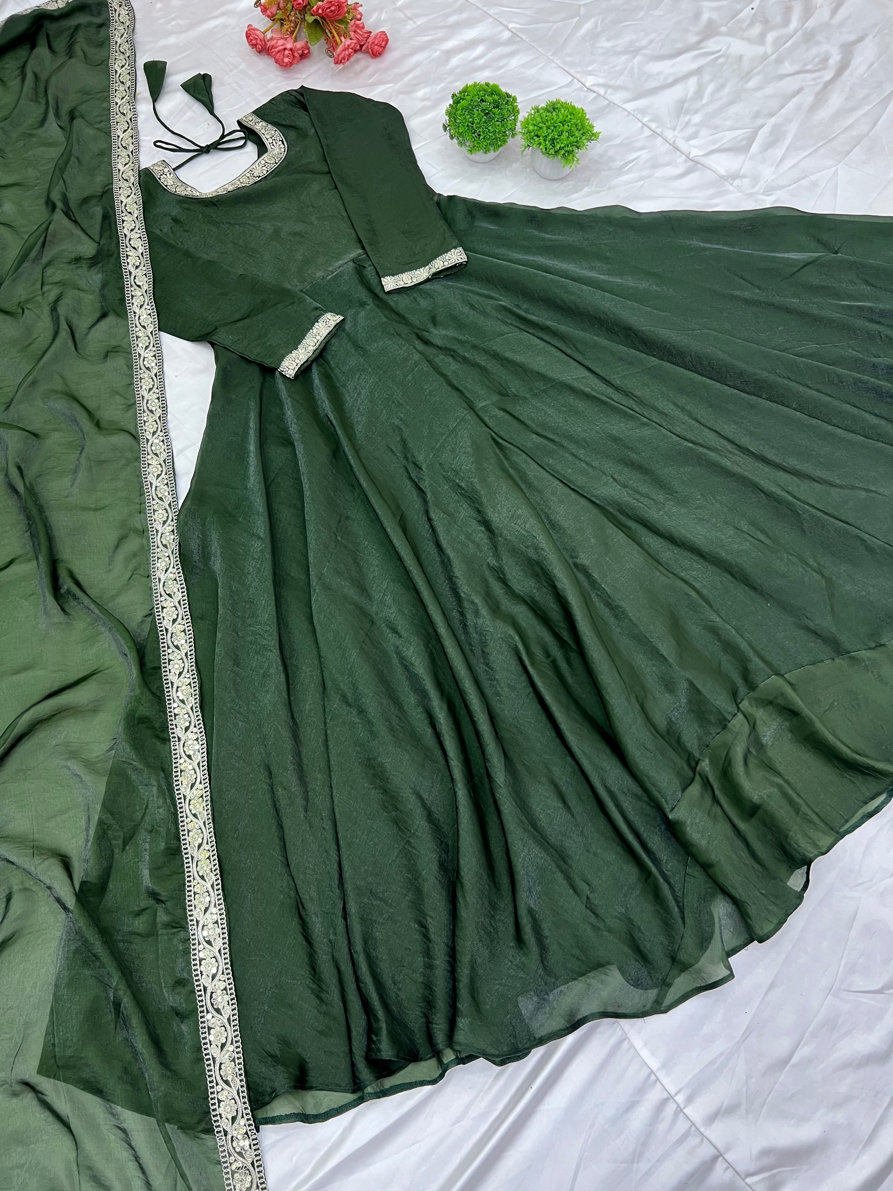 Gorgeous Fendi Silk Sequins Embroidered Fully Stitched Anarkali With Dupatta - ETHNICDEAL