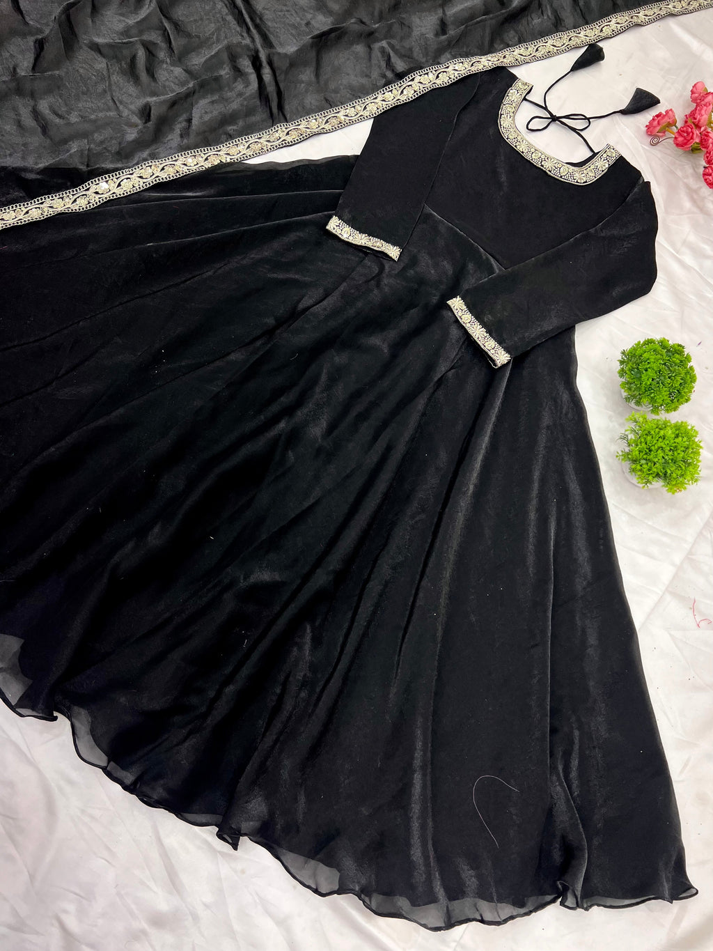 Gorgeous Fendi Silk Sequins Embroidered Fully Stitched Anarkali With Dupatta - ETHNICDEAL