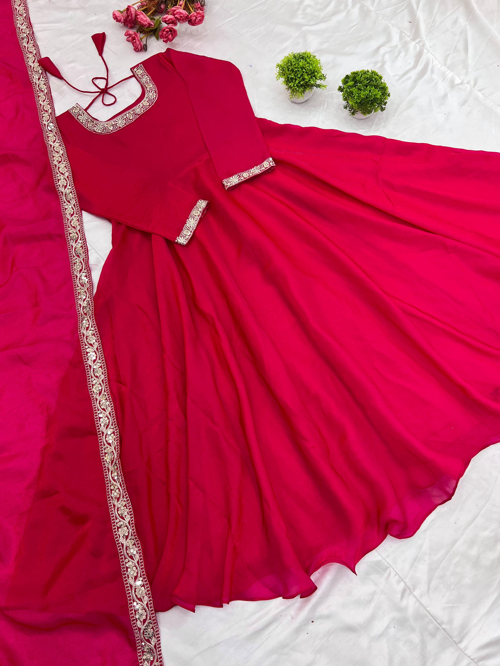 Gorgeous Fendi Silk Sequins Embroidered Fully Stitched Anarkali With Dupatta - ETHNICDEAL