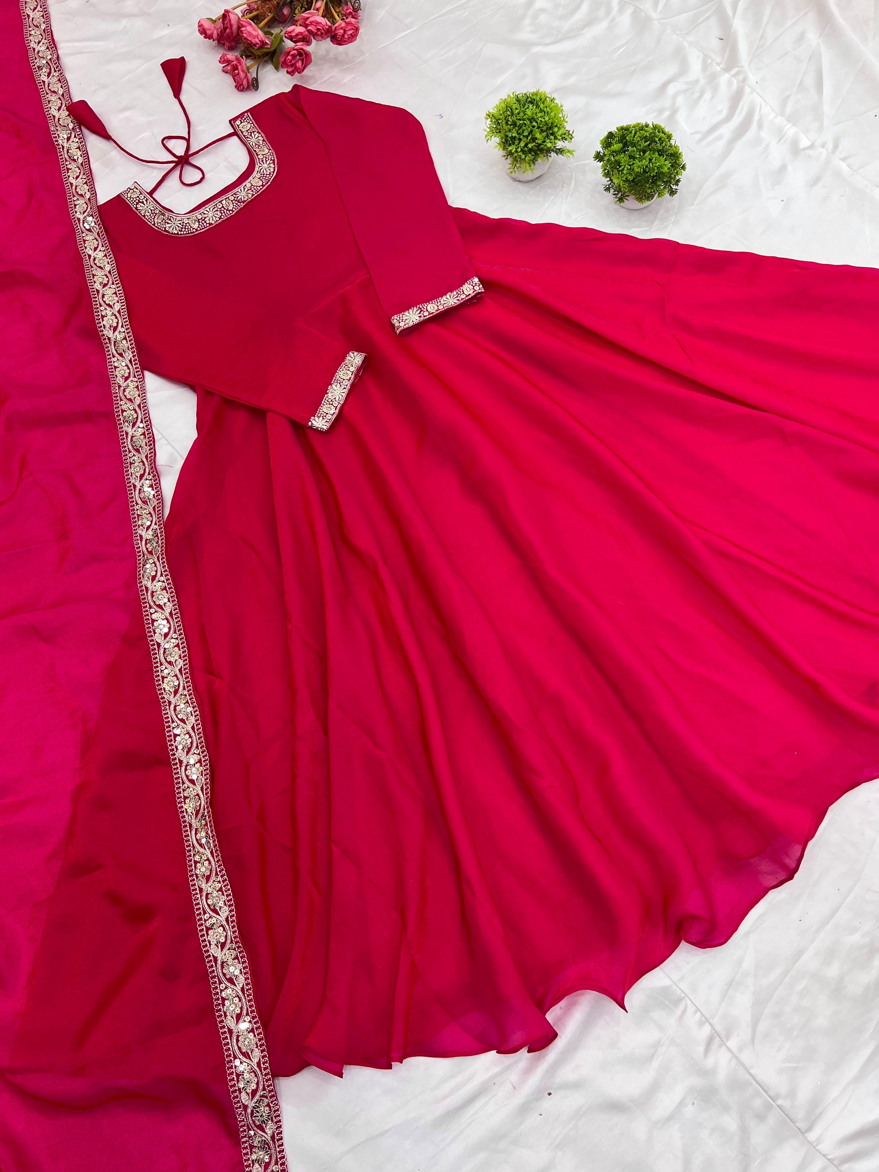 Gorgeous Fendi Silk Sequins Embroidered Fully Stitched Anarkali With Dupatta - ETHNICDEAL