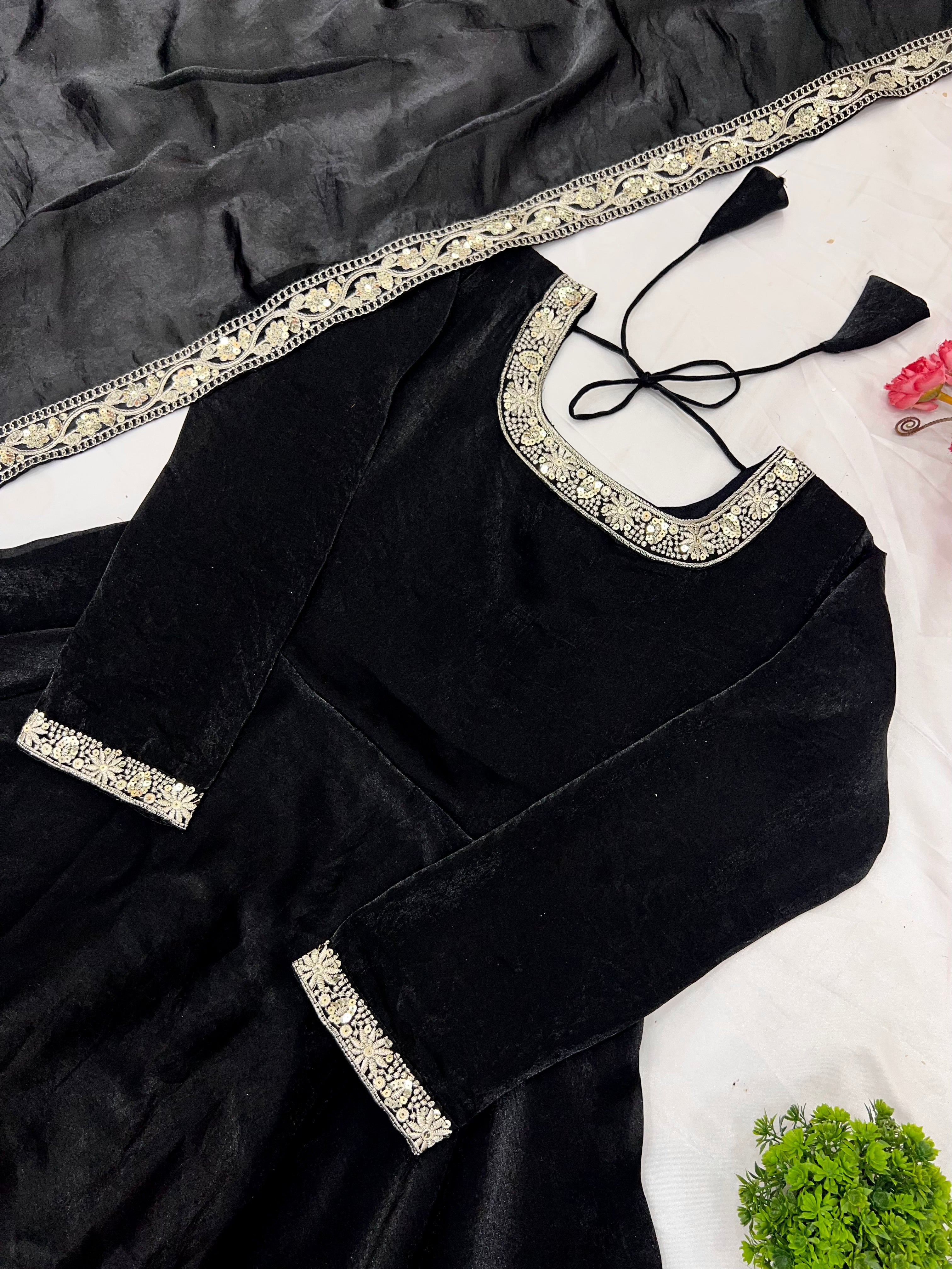 Gorgeous Fendi Silk Sequins Embroidered Fully Stitched Anarkali With Dupatta - ETHNICDEAL