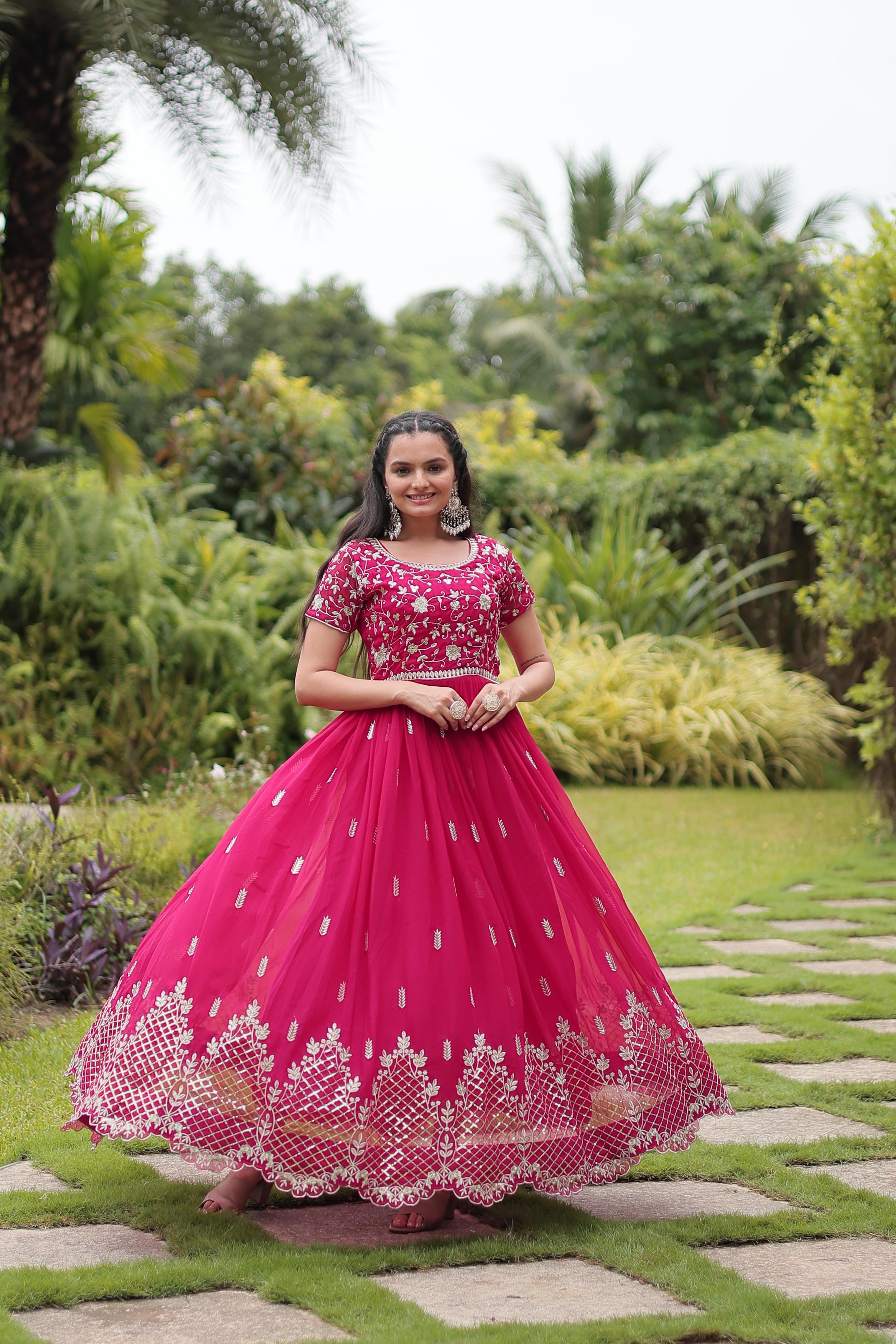 Graceful Faux Georgette Sequins Zari Worked Gown With Dupatta - Ethnicwish