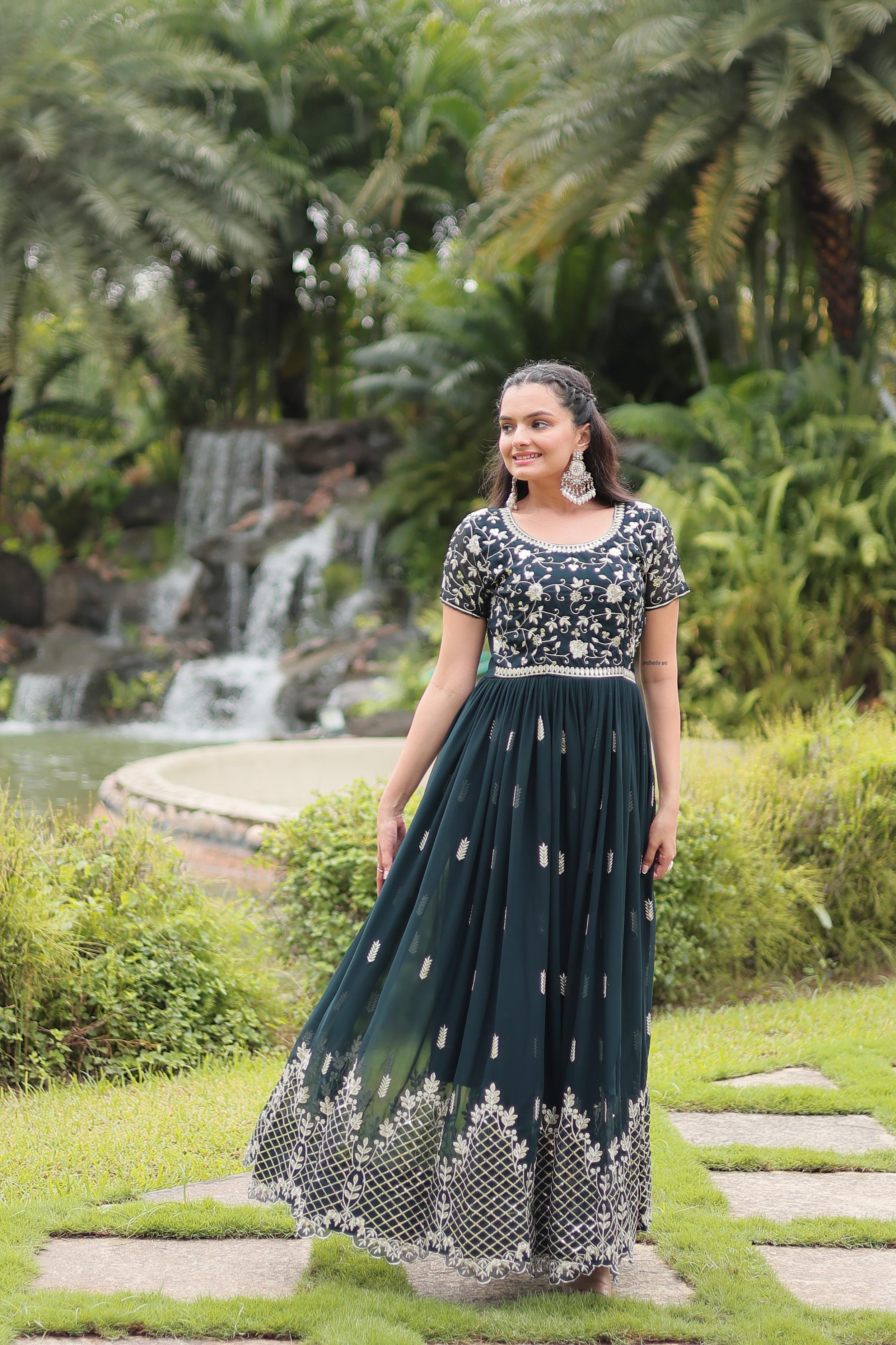 Graceful Faux Georgette Sequins Zari Worked Gown With Dupatta - Ethnicwish