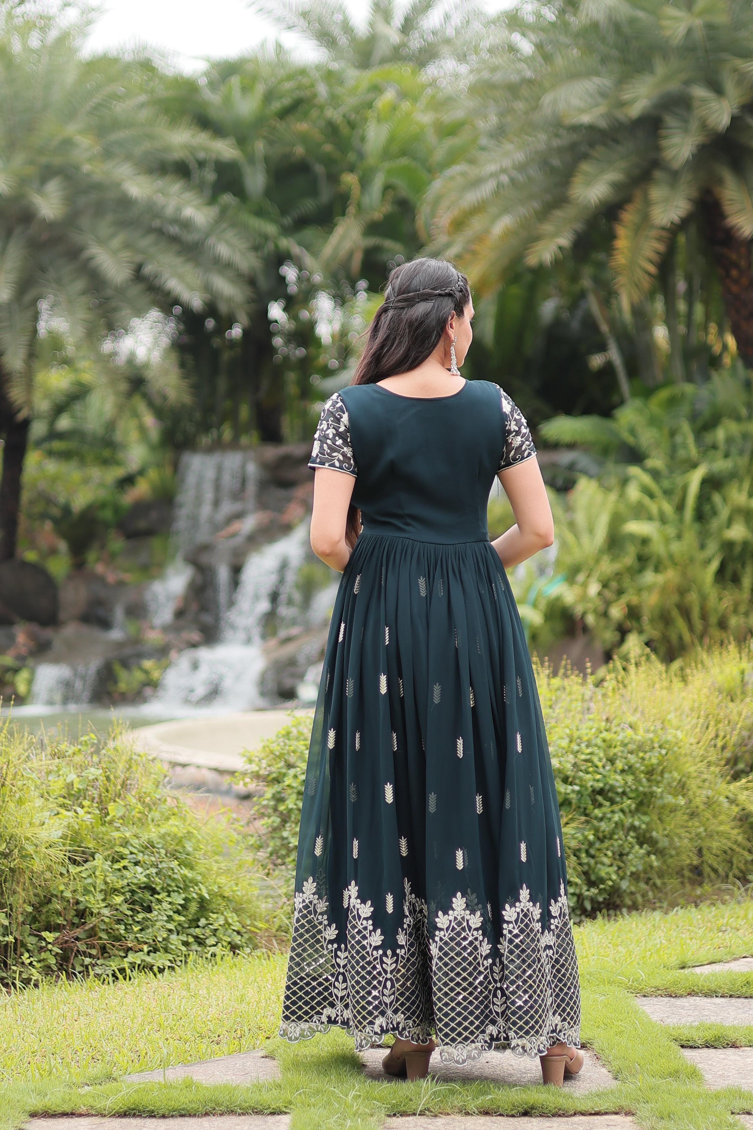 Graceful Faux Georgette Sequins Zari Worked Gown With Dupatta - Ethnicwish