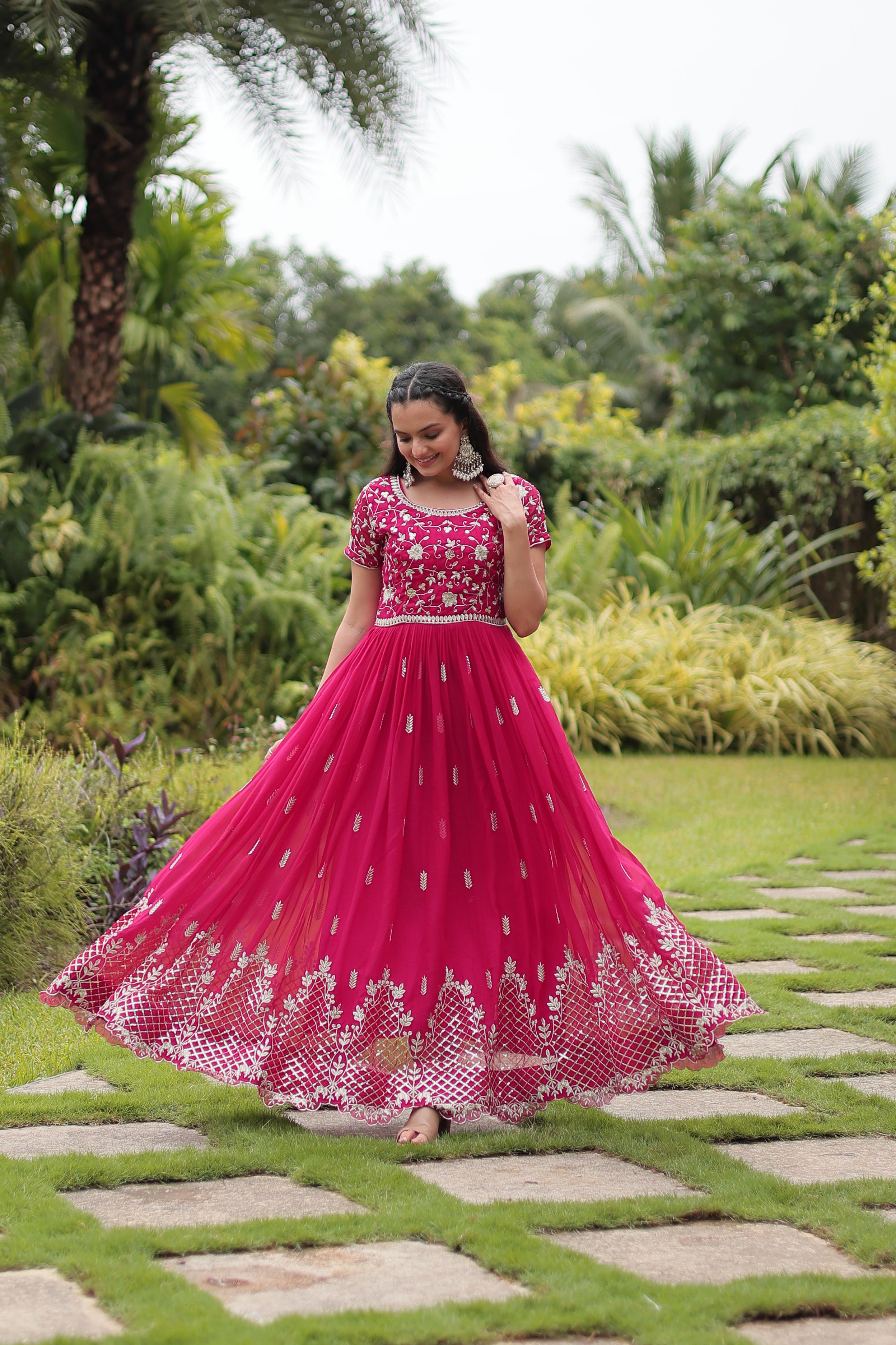 Graceful Faux Georgette Sequins Zari Worked Gown With Dupatta - Ethnicwish
