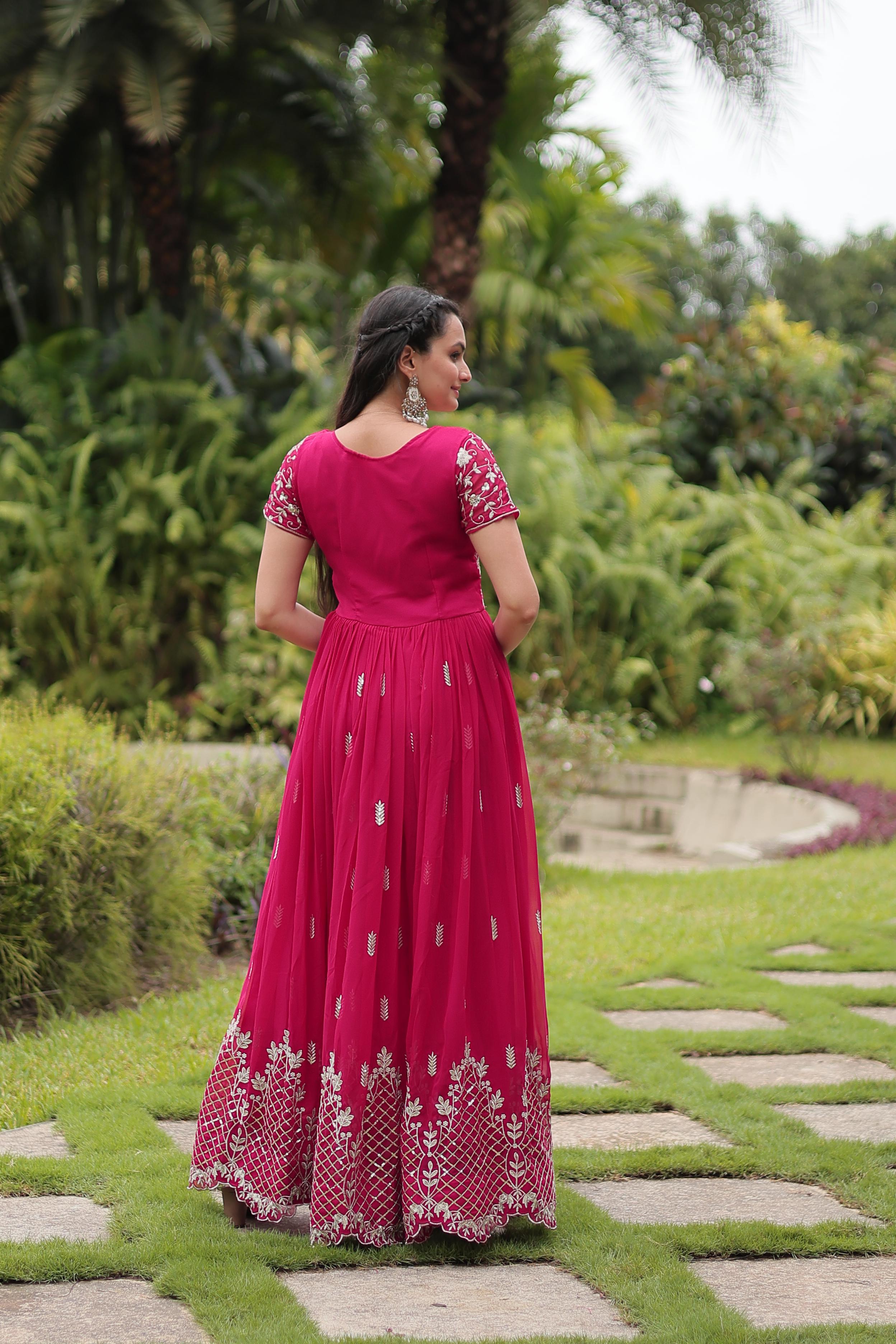 Graceful Faux Georgette Sequins Zari Worked Gown With Dupatta - Ethnicwish