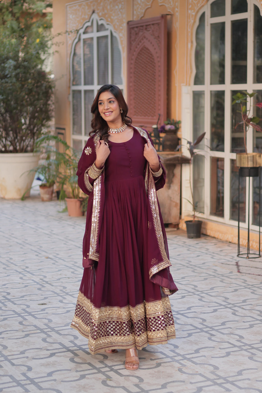 Exquisite Faux Georgette Intricate Zari Sequins Worked Gown With Dupatta - Ethnicwish