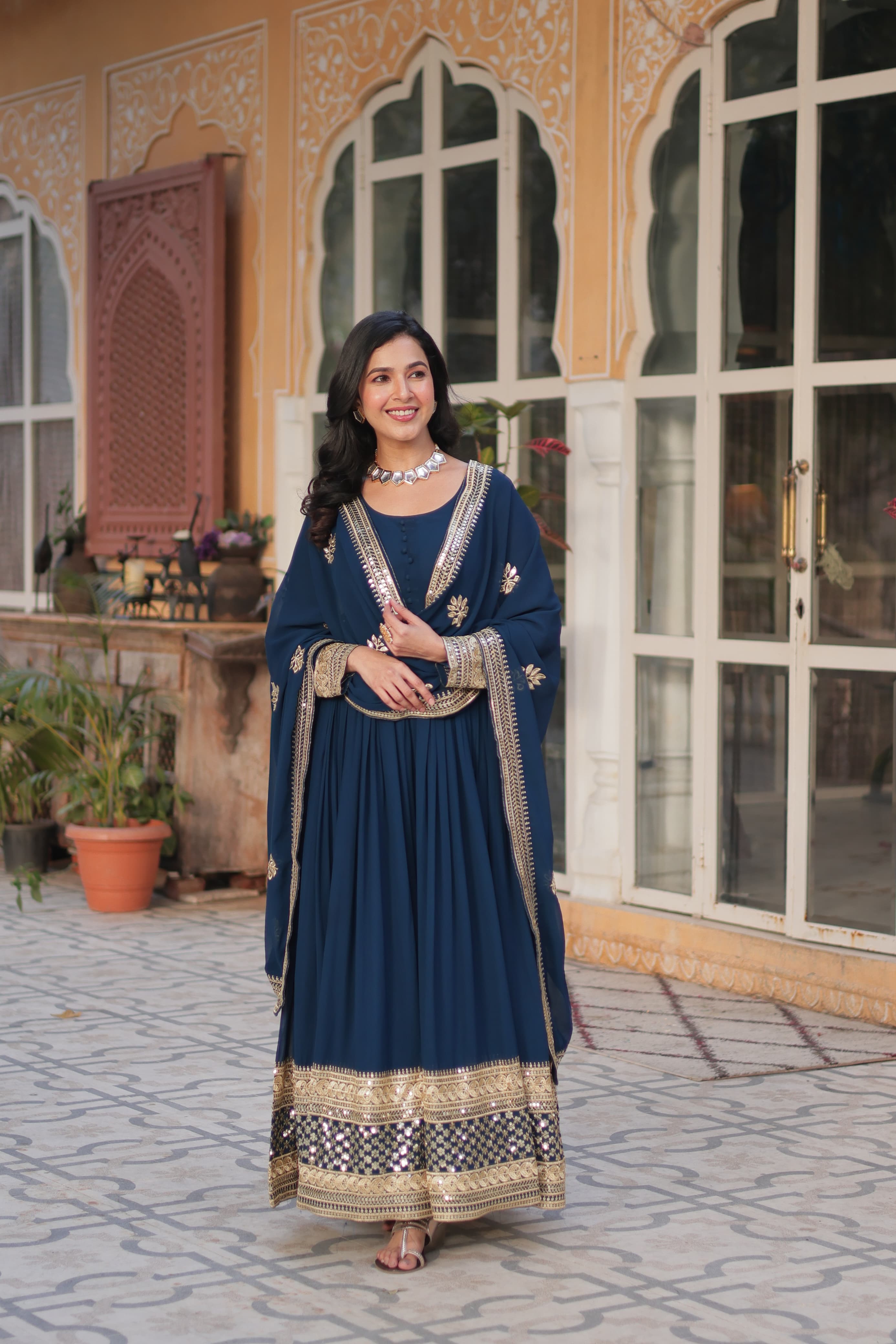 Exquisite Faux Georgette Intricate Zari Sequins Worked Gown With Dupatta - Ethnicwish