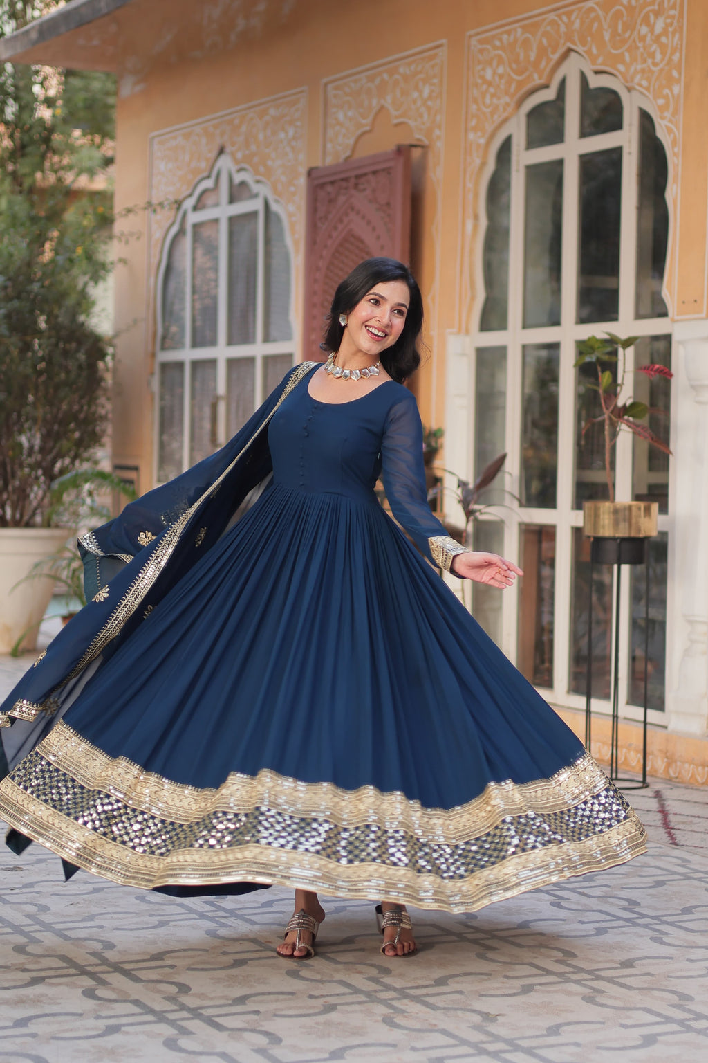 Exquisite Faux Georgette Intricate Zari Sequins Worked Gown With Dupatta - Ethnicwish