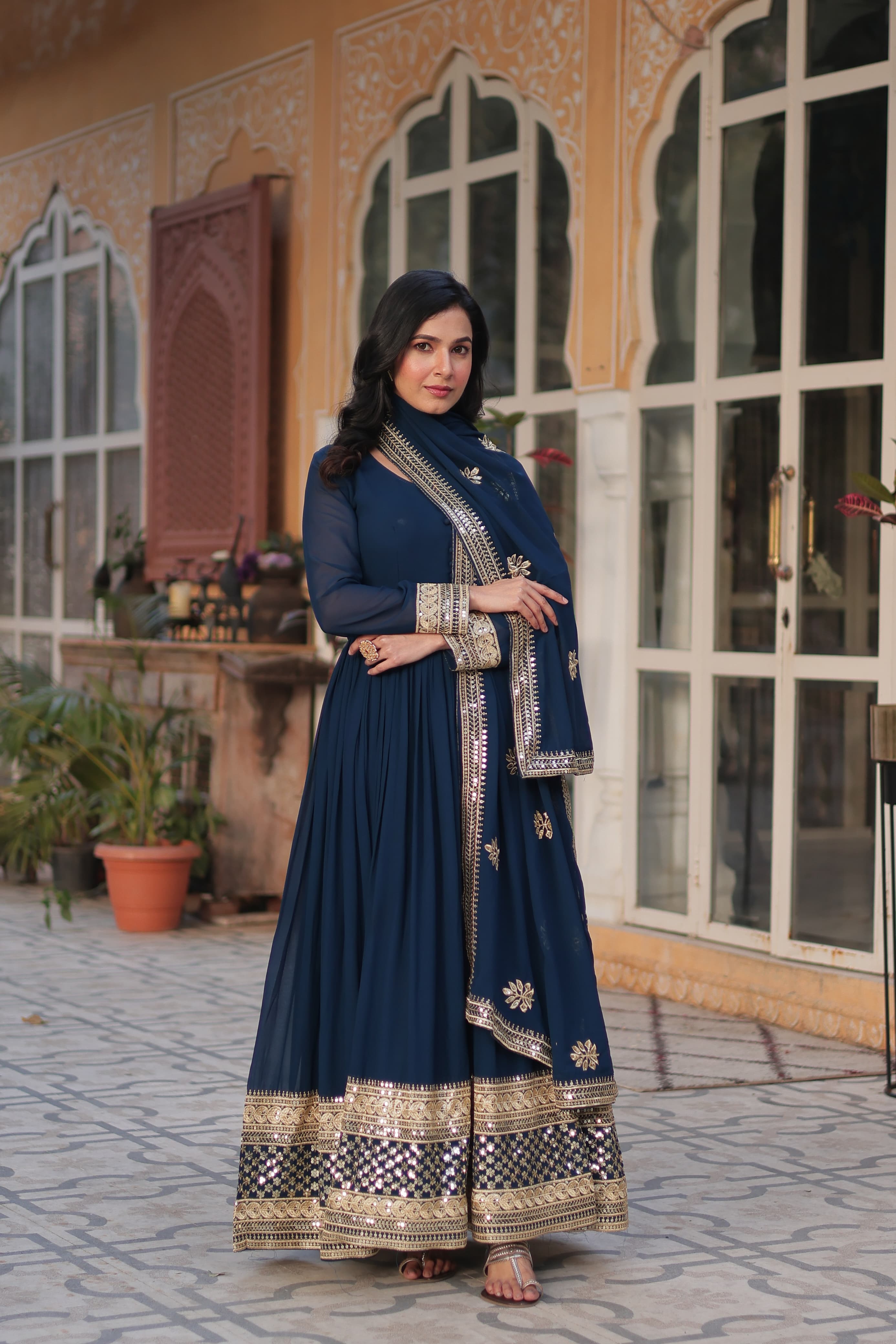Exquisite Faux Georgette Intricate Zari Sequins Worked Gown With Dupatta - Ethnicwish