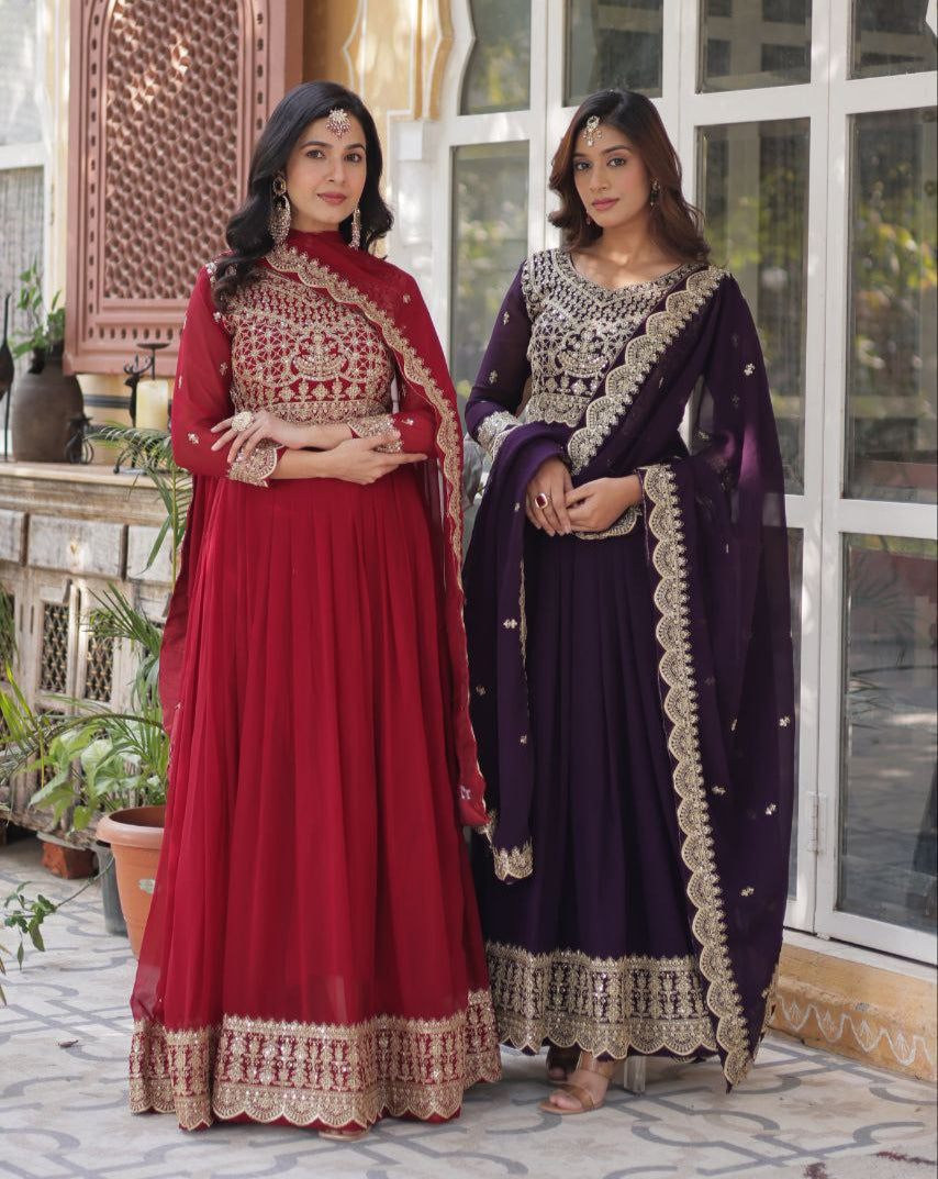 Alluring Intricate Zari Sequins Worked Faux Georgette Gown - Ethnicwish