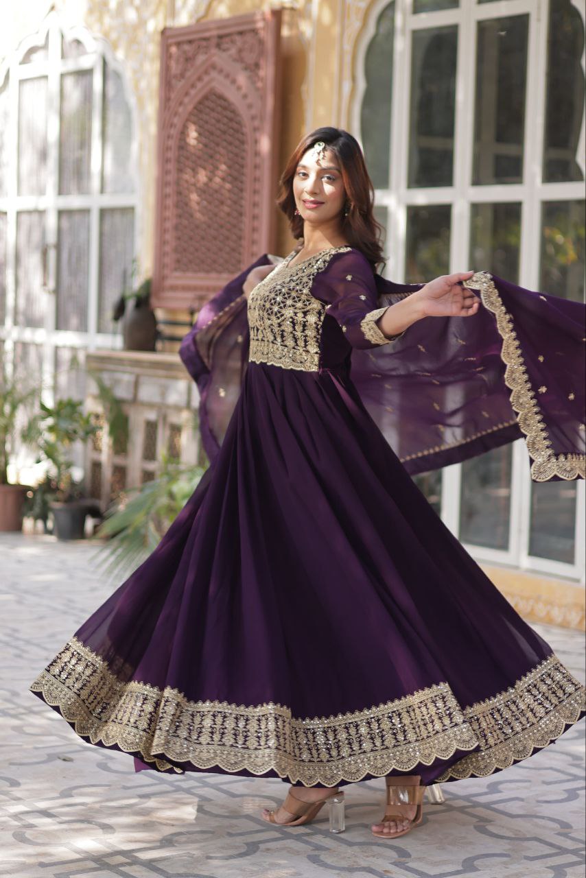 Alluring Intricate Zari Sequins Worked Faux Georgette Gown - Ethnicwish