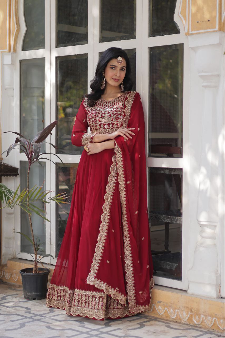 Alluring Intricate Zari Sequins Worked Faux Georgette Gown - Ethnicwish