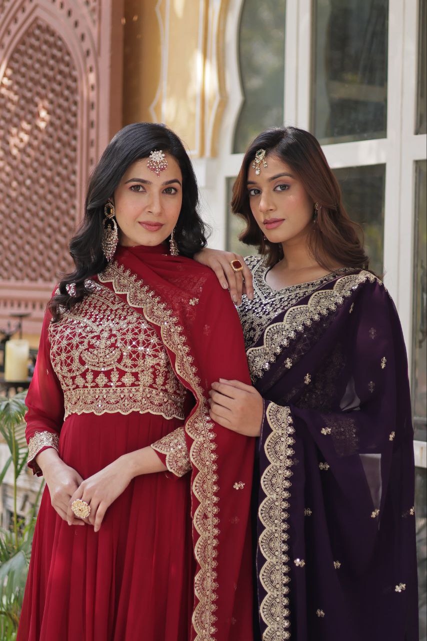 Alluring Intricate Zari Sequins Worked Faux Georgette Gown - Ethnicwish