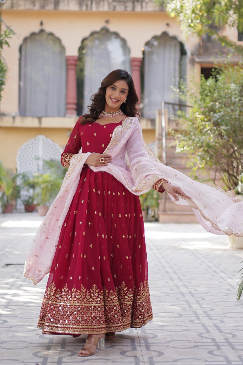 Lovely Maroon Faux Georgette Zari Sequins Worked Gown With Dupatta - Ethnicwish
