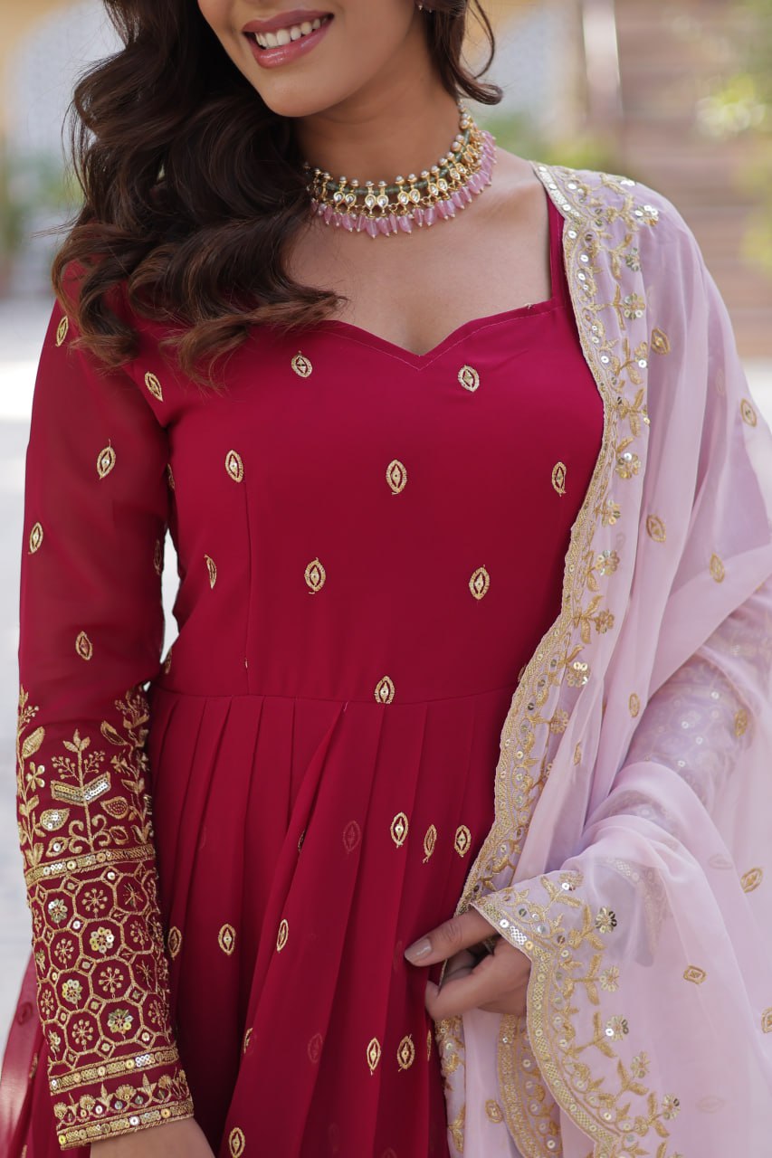 Lovely Maroon Faux Georgette Zari Sequins Worked Gown With Dupatta - Ethnicwish
