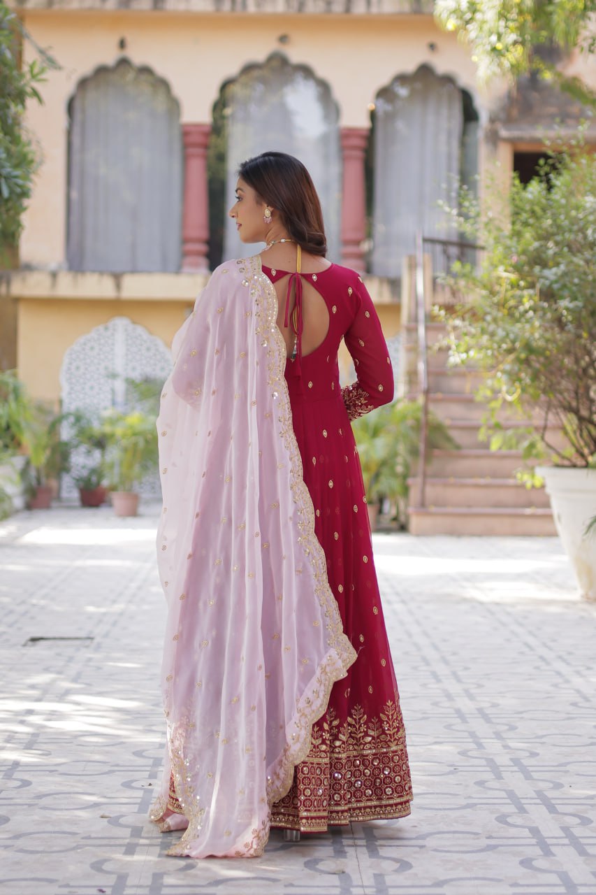 Lovely Maroon Faux Georgette Zari Sequins Worked Gown With Dupatta - Ethnicwish
