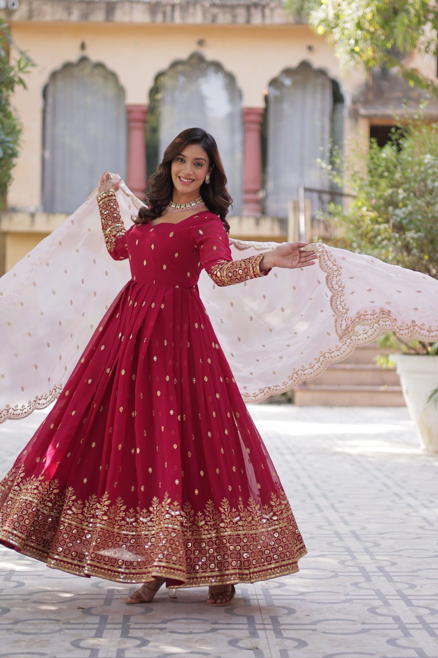 Lovely Maroon Faux Georgette Zari Sequins Worked Gown With Dupatta - Ethnicwish