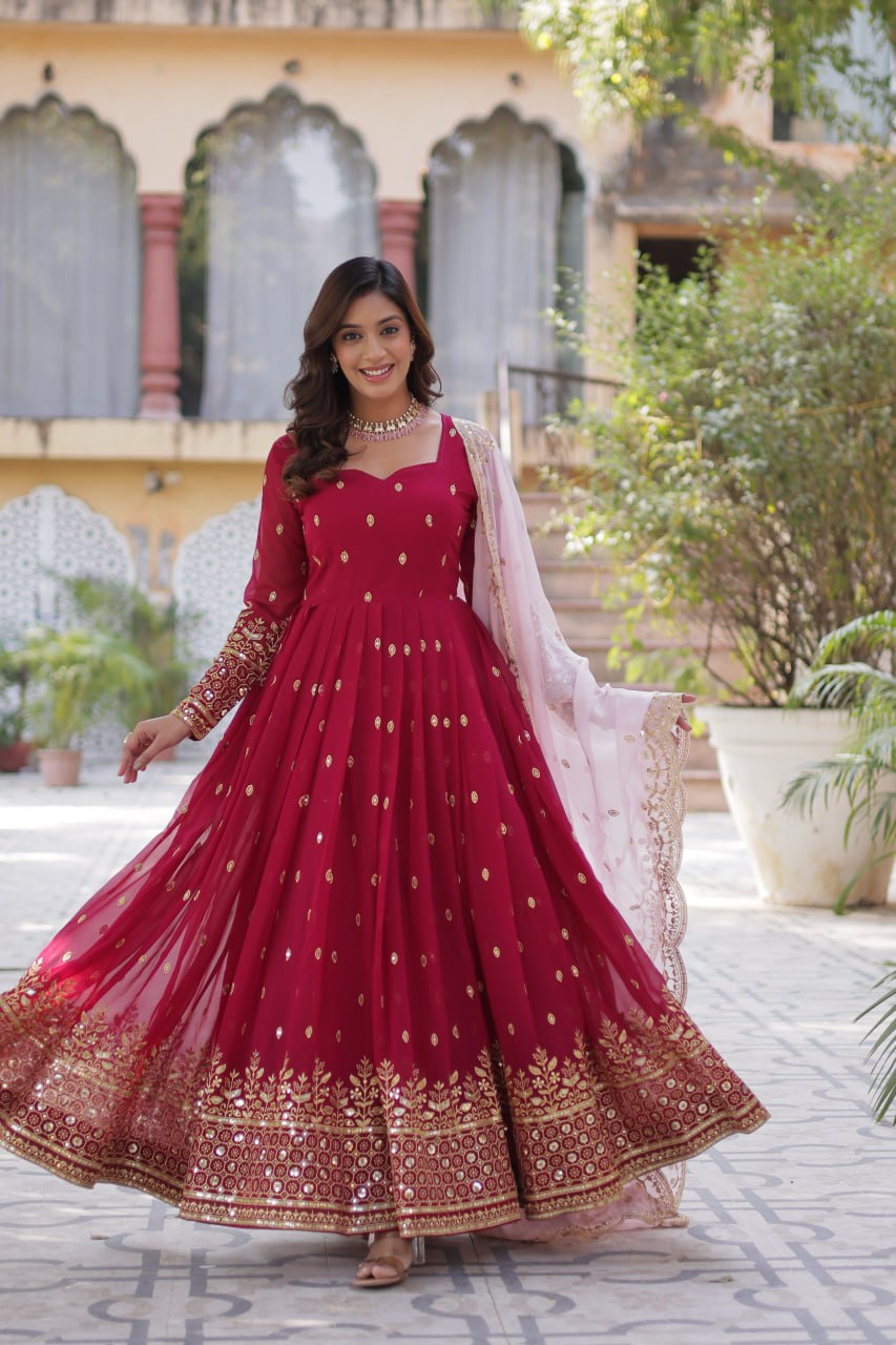 Lovely Maroon Faux Georgette Zari Sequins Worked Gown With Dupatta - Ethnicwish