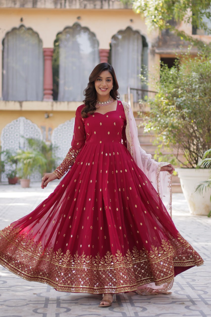 Lovely Maroon Faux Georgette Zari Sequins Worked Gown With Dupatta - Ethnicwish