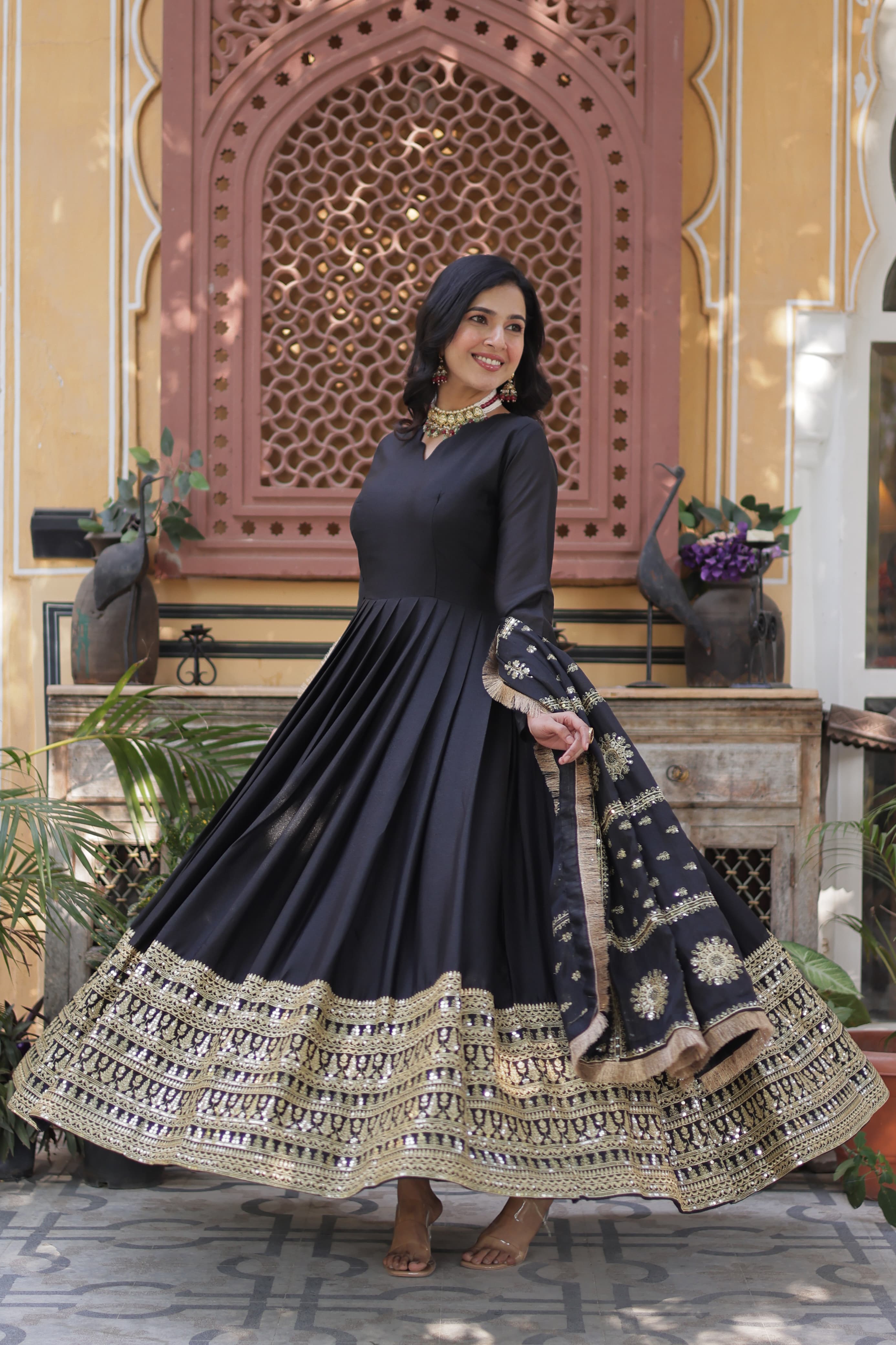 Lovely Georgette Embroidered Zari Sequins Worked Gown With Dupatta - Ethnicwish