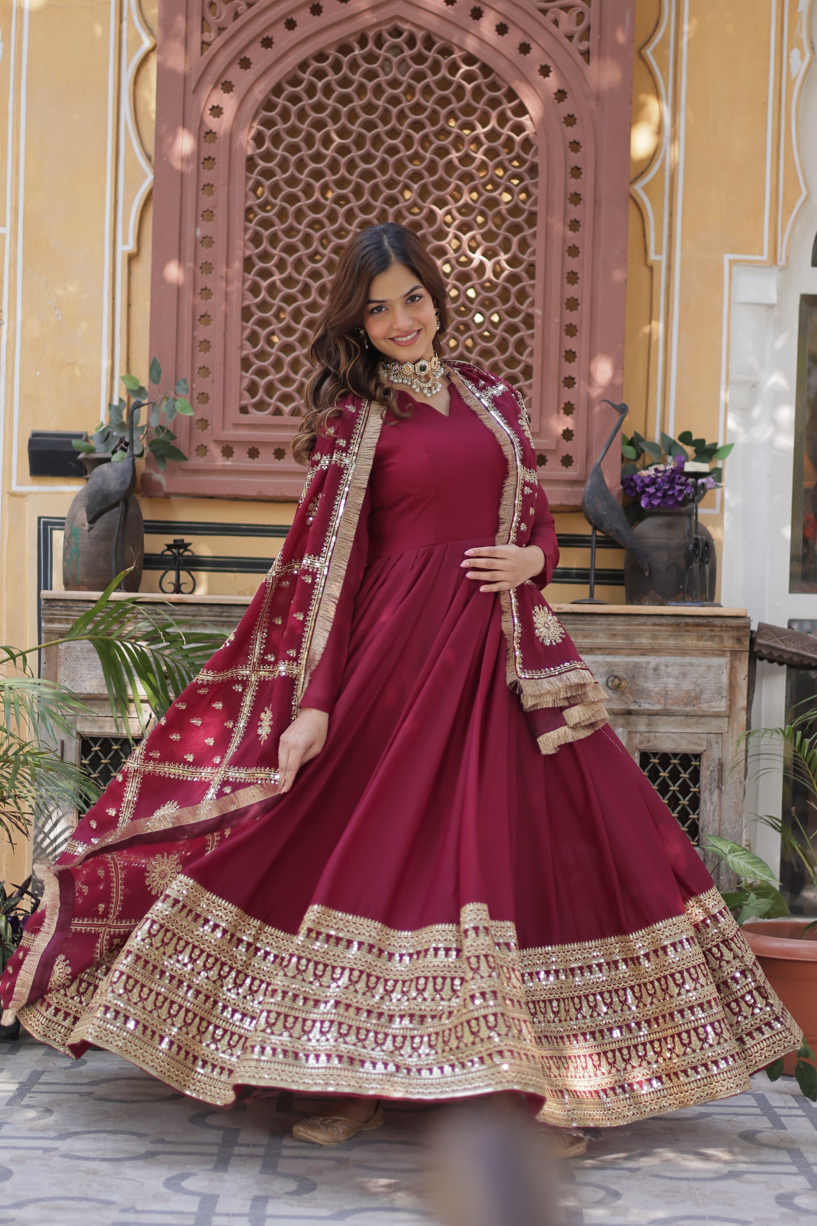 Lovely Georgette Embroidered Zari Sequins Worked Gown With Dupatta - Ethnicwish