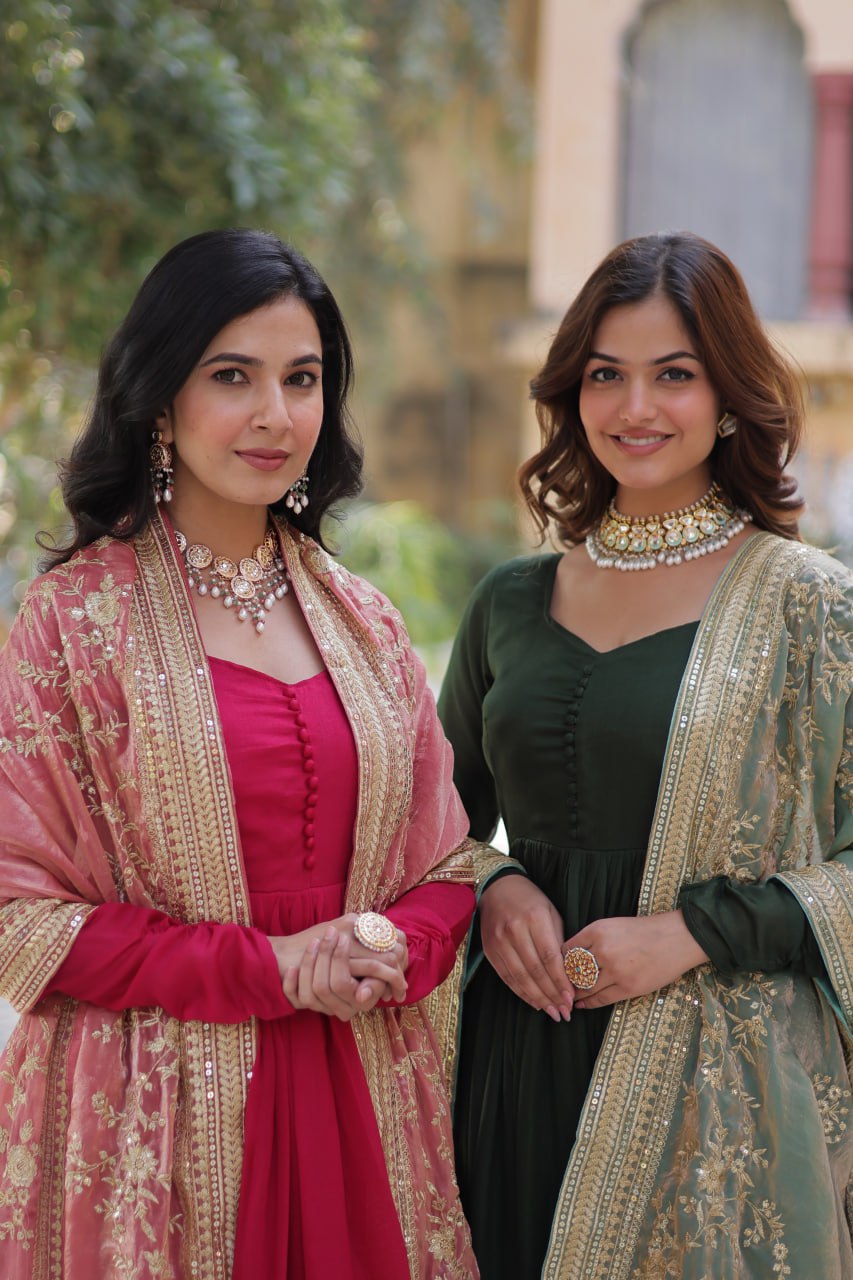 Lovely Vichitra Shimmer Embroidered Gown With Dupatta - Ethnicwish