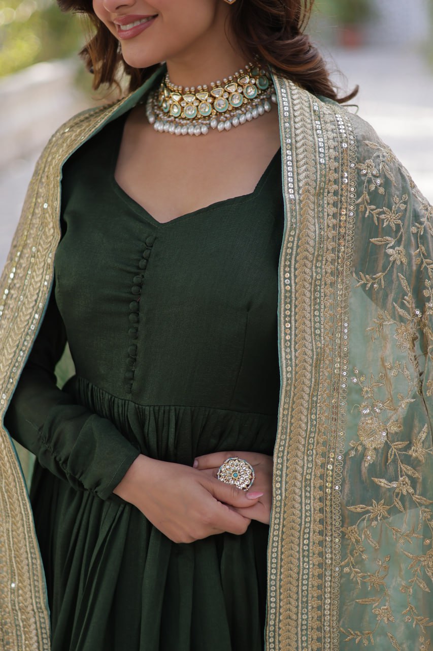 Lovely Vichitra Shimmer Embroidered Gown With Dupatta - Ethnicwish