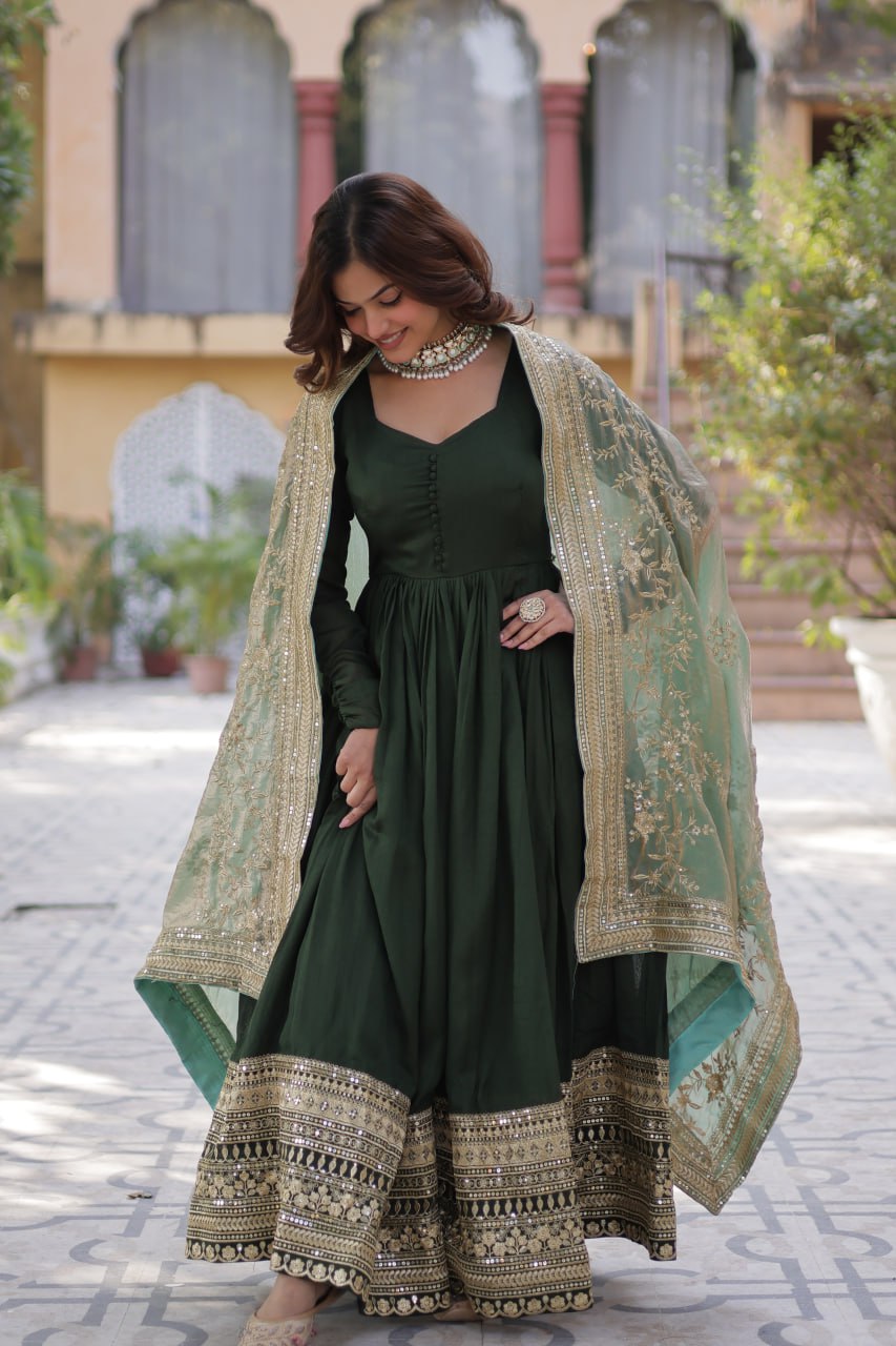 Lovely Vichitra Shimmer Embroidered Gown With Dupatta - Ethnicwish