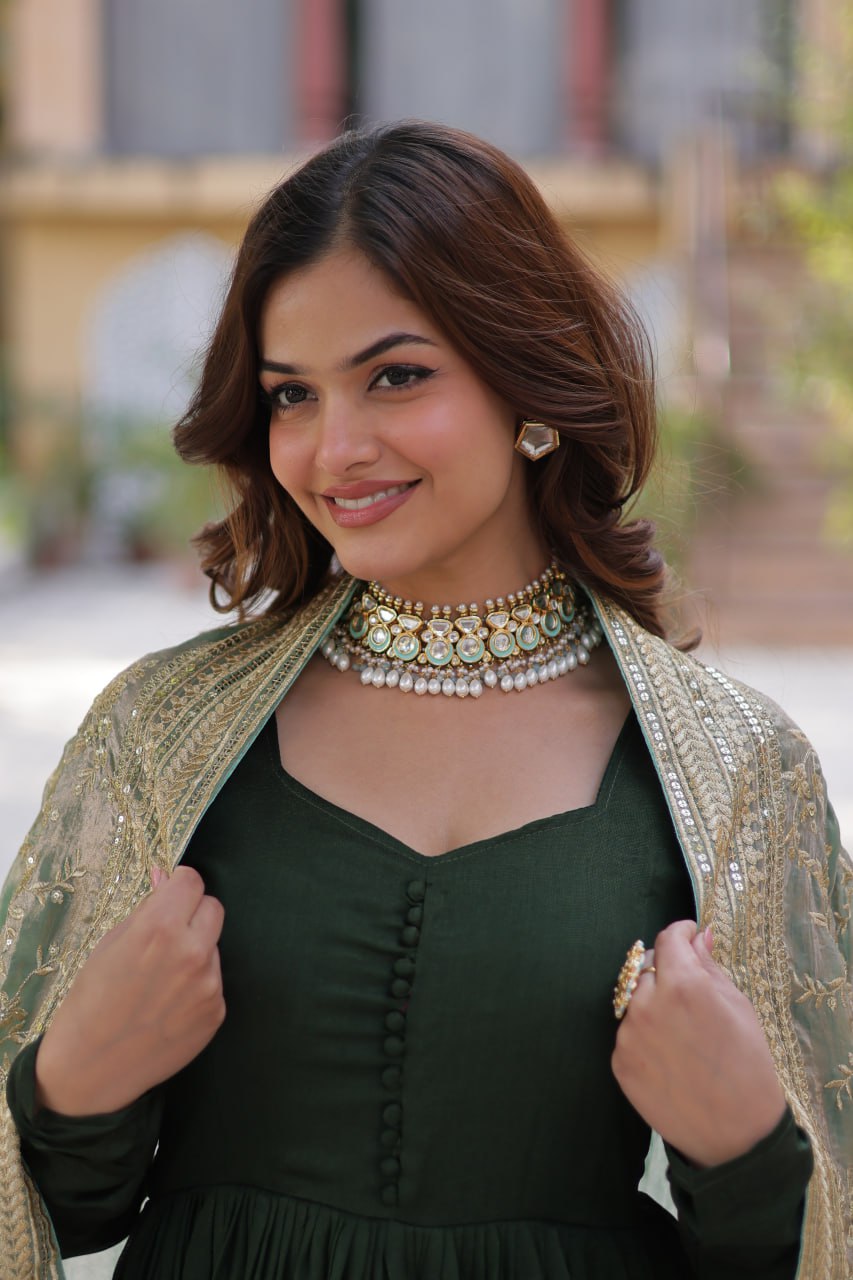 Lovely Vichitra Shimmer Embroidered Gown With Dupatta - Ethnicwish