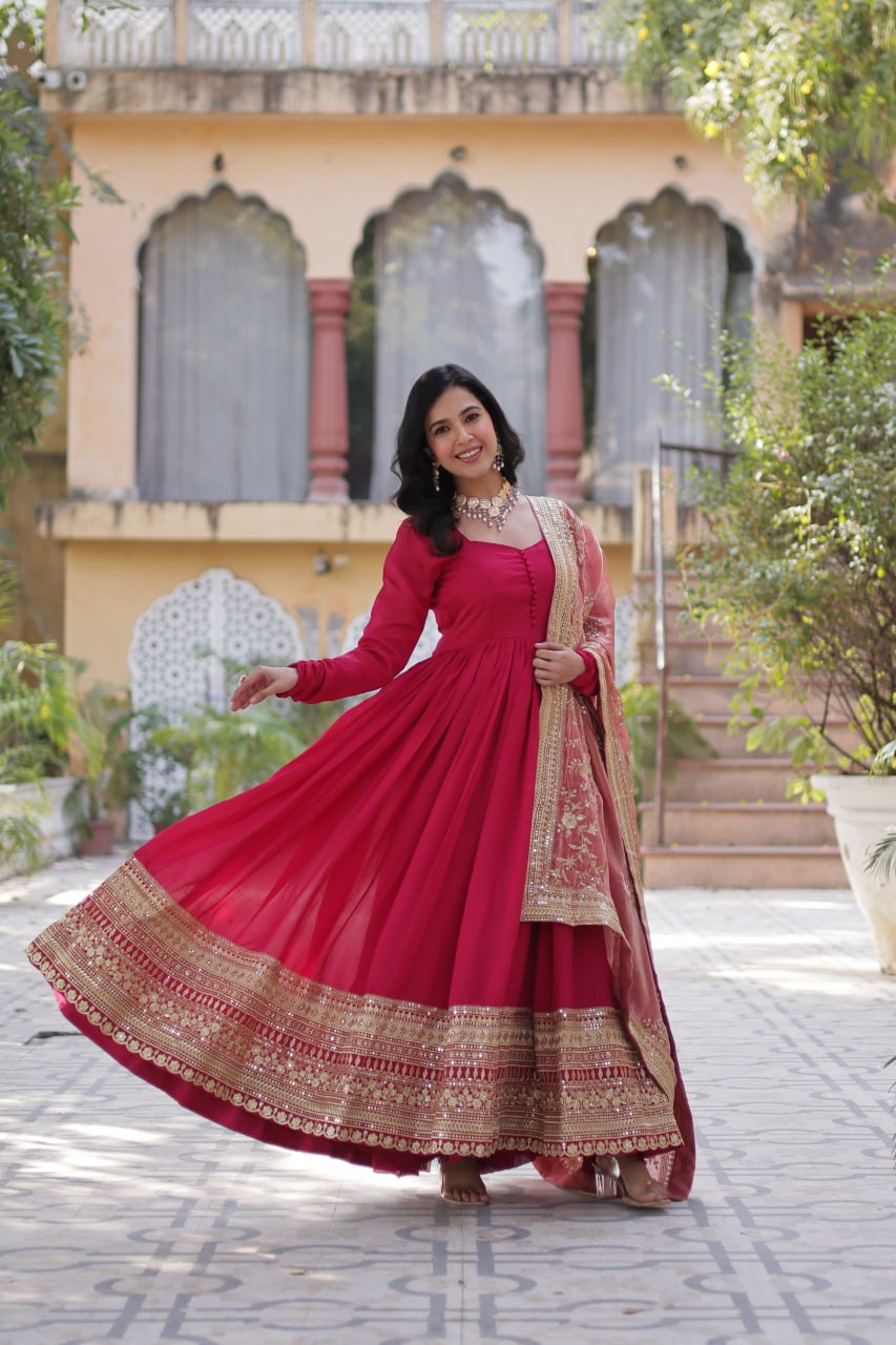 Lovely Vichitra Shimmer Embroidered Gown With Dupatta - Ethnicwish