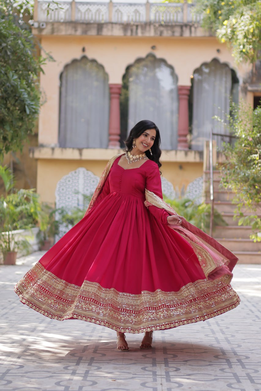 Lovely Vichitra Shimmer Embroidered Gown With Dupatta - Ethnicwish