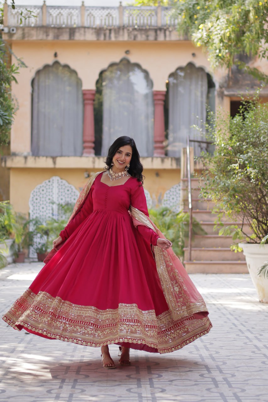 Lovely Vichitra Shimmer Embroidered Gown With Dupatta - Ethnicwish