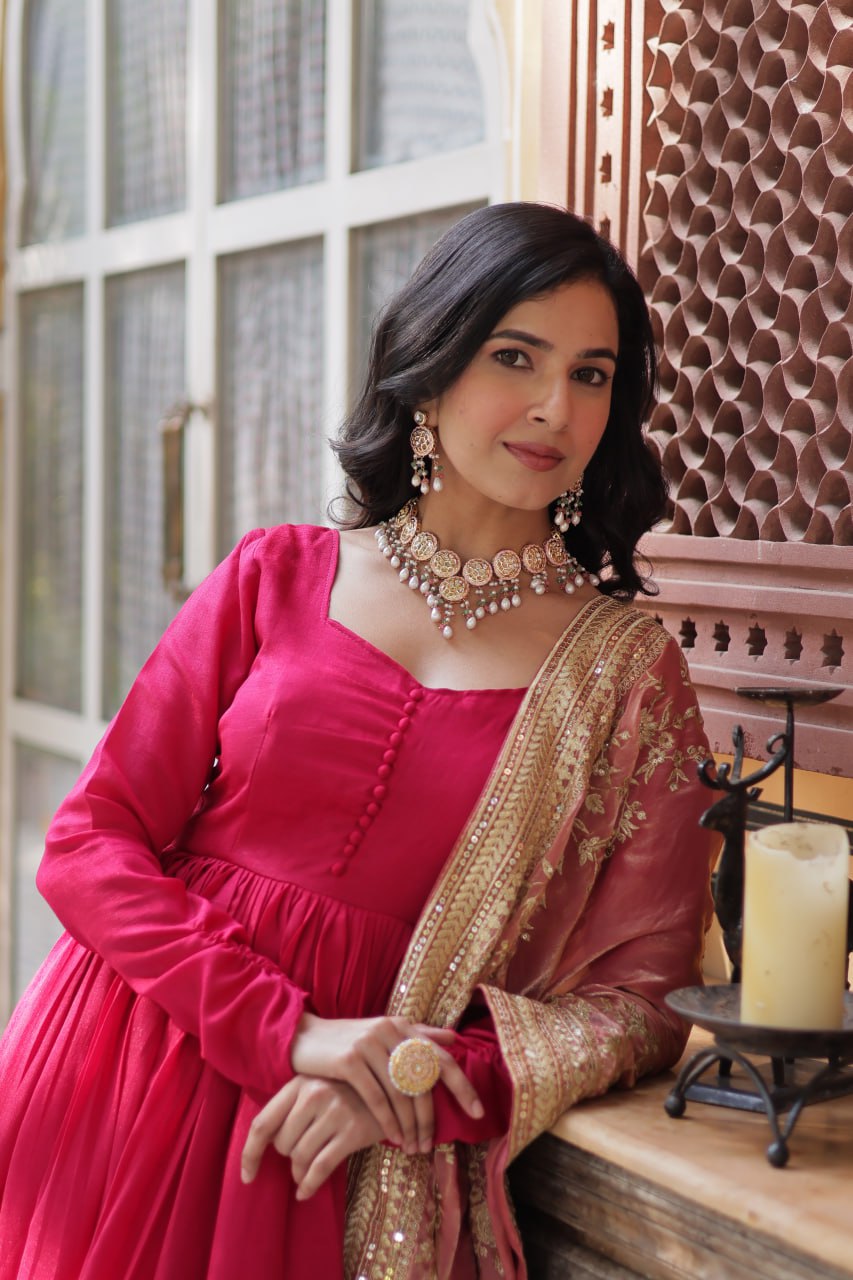 Lovely Vichitra Shimmer Embroidered Gown With Dupatta - Ethnicwish