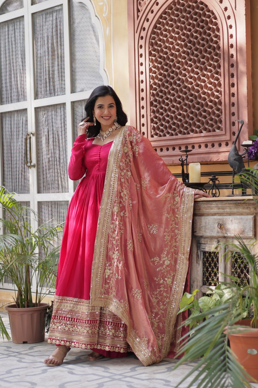 Lovely Vichitra Shimmer Embroidered Gown With Dupatta - Ethnicwish