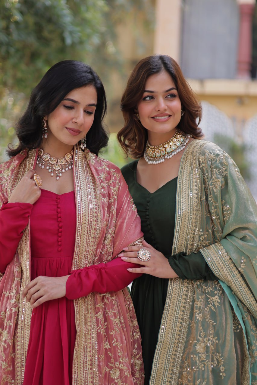Lovely Vichitra Shimmer Embroidered Gown With Dupatta - Ethnicwish