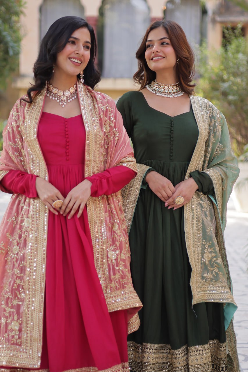 Lovely Vichitra Shimmer Embroidered Gown With Dupatta - Ethnicwish