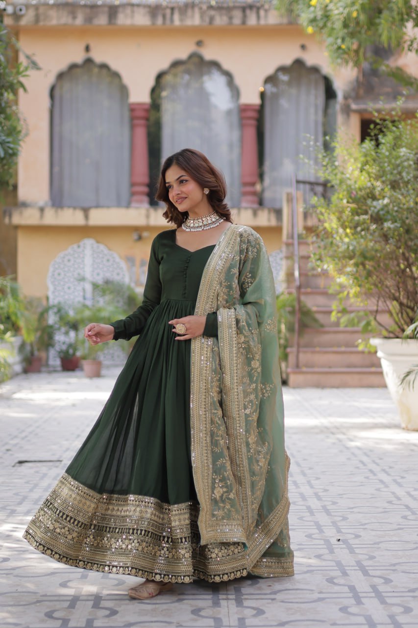 Lovely Vichitra Shimmer Embroidered Gown With Dupatta - Ethnicwish