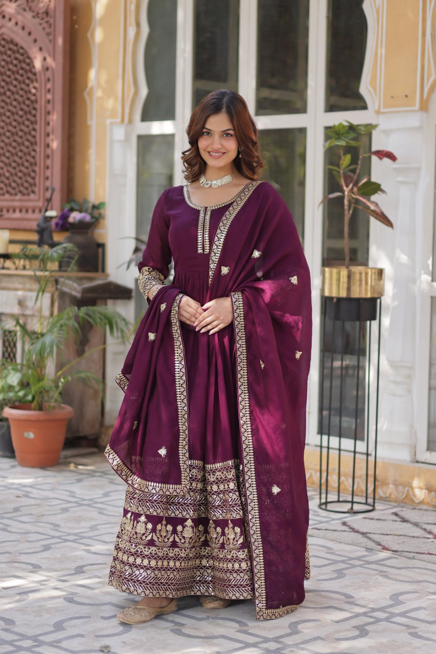 Elegant Shimmer  Gown With Rich Sequin Embroidery With Designer Dupatta - ETHNICDEAL