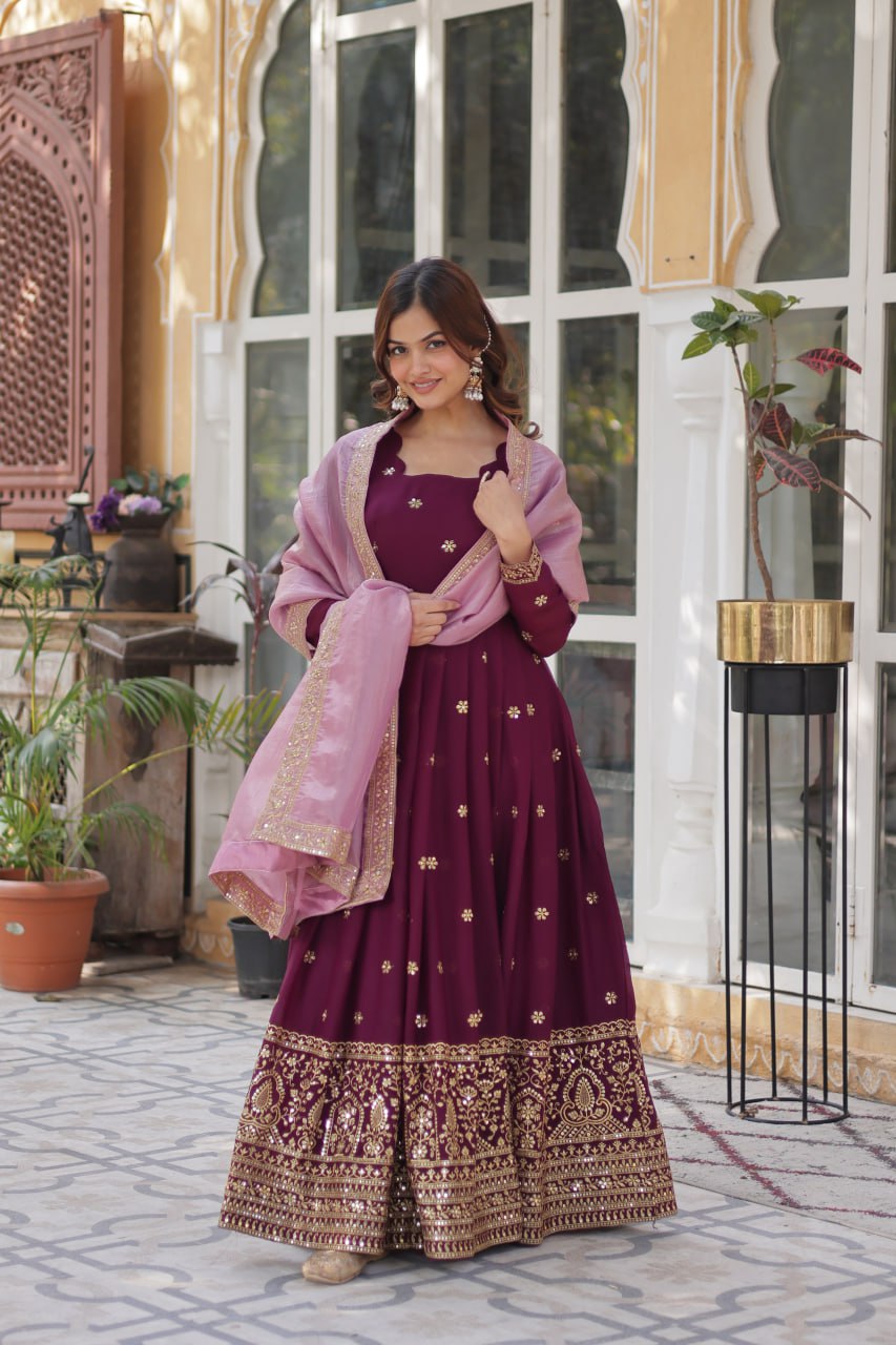 Graceful Star Georgette Gown Set with Gold Crush Dupatta - ETHNICDEAL