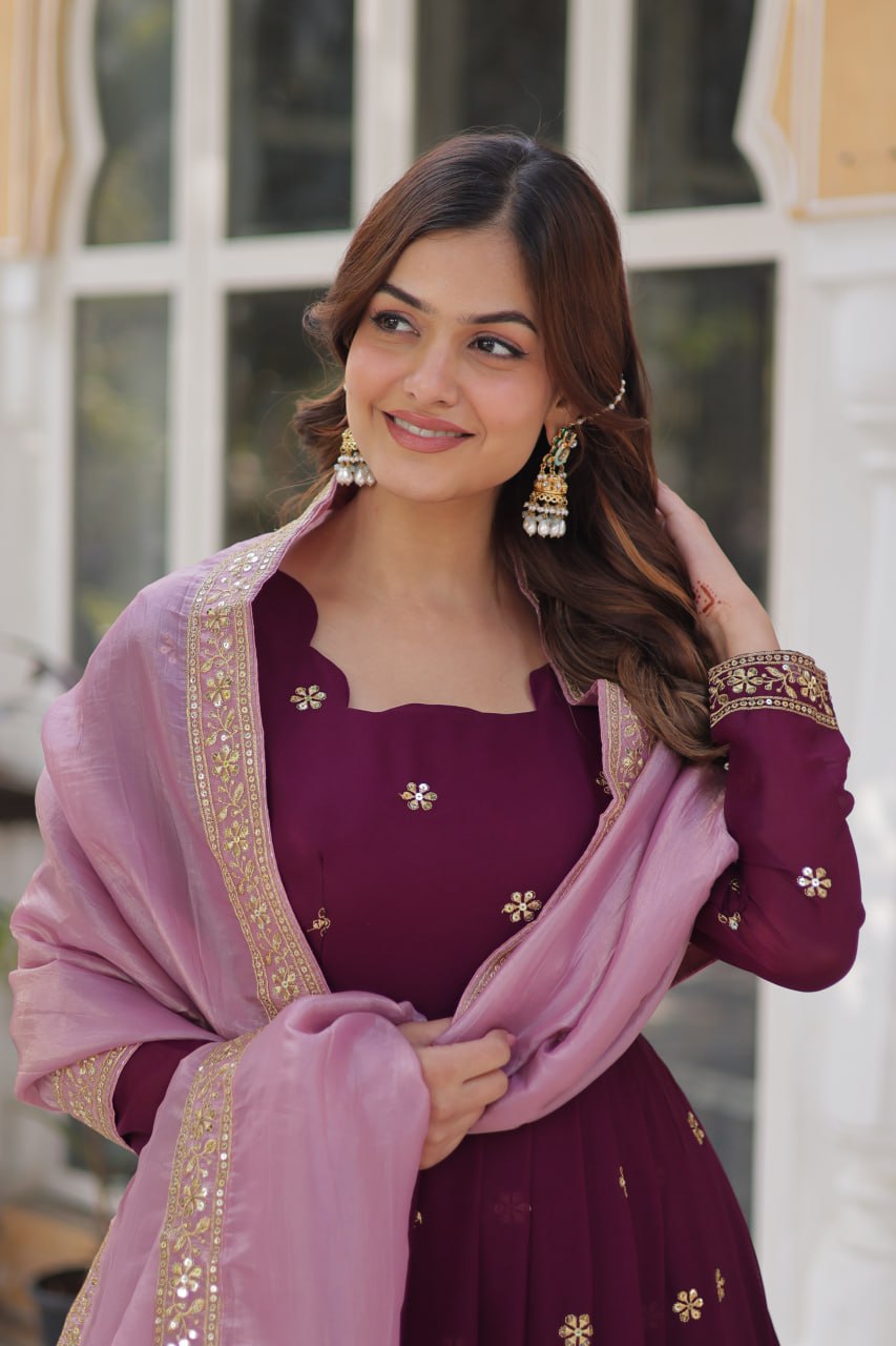 Graceful Star Georgette Gown Set with Gold Crush Dupatta - ETHNICDEAL