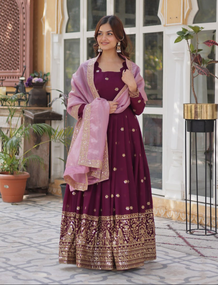 Graceful Star Georgette Gown Set with Gold Crush Dupatta - ETHNICDEAL