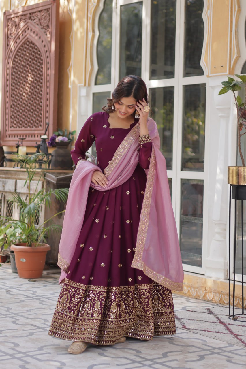 Graceful Star Georgette Gown Set with Gold Crush Dupatta - ETHNICDEAL