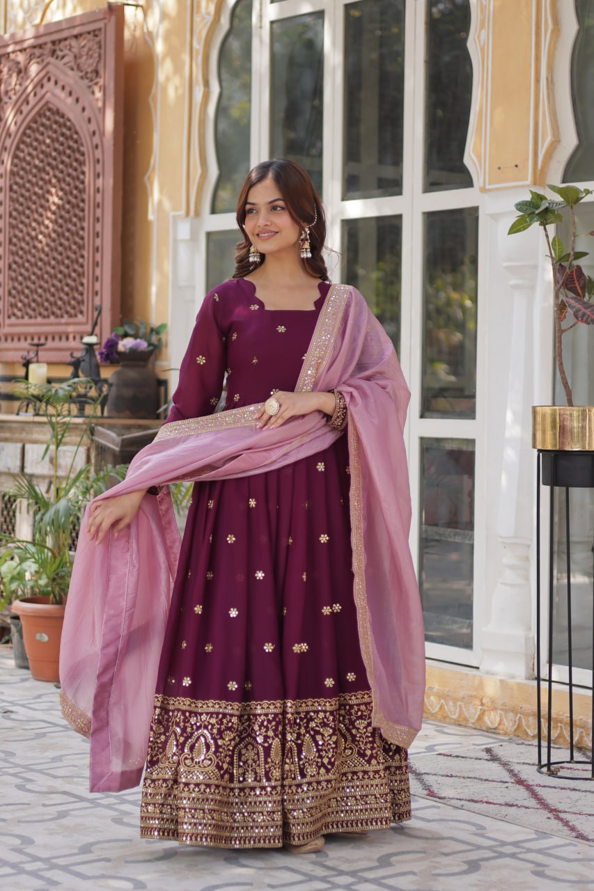 Graceful Star Georgette Gown Set with Gold Crush Dupatta - ETHNICDEAL