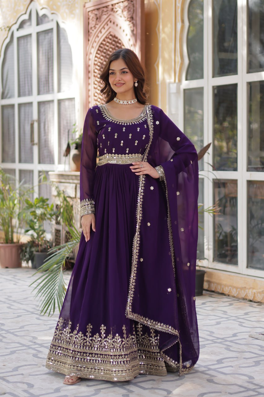 Spellbinding Faux Georgette Embroidered Sequins Worked Gown - Ethnicwish