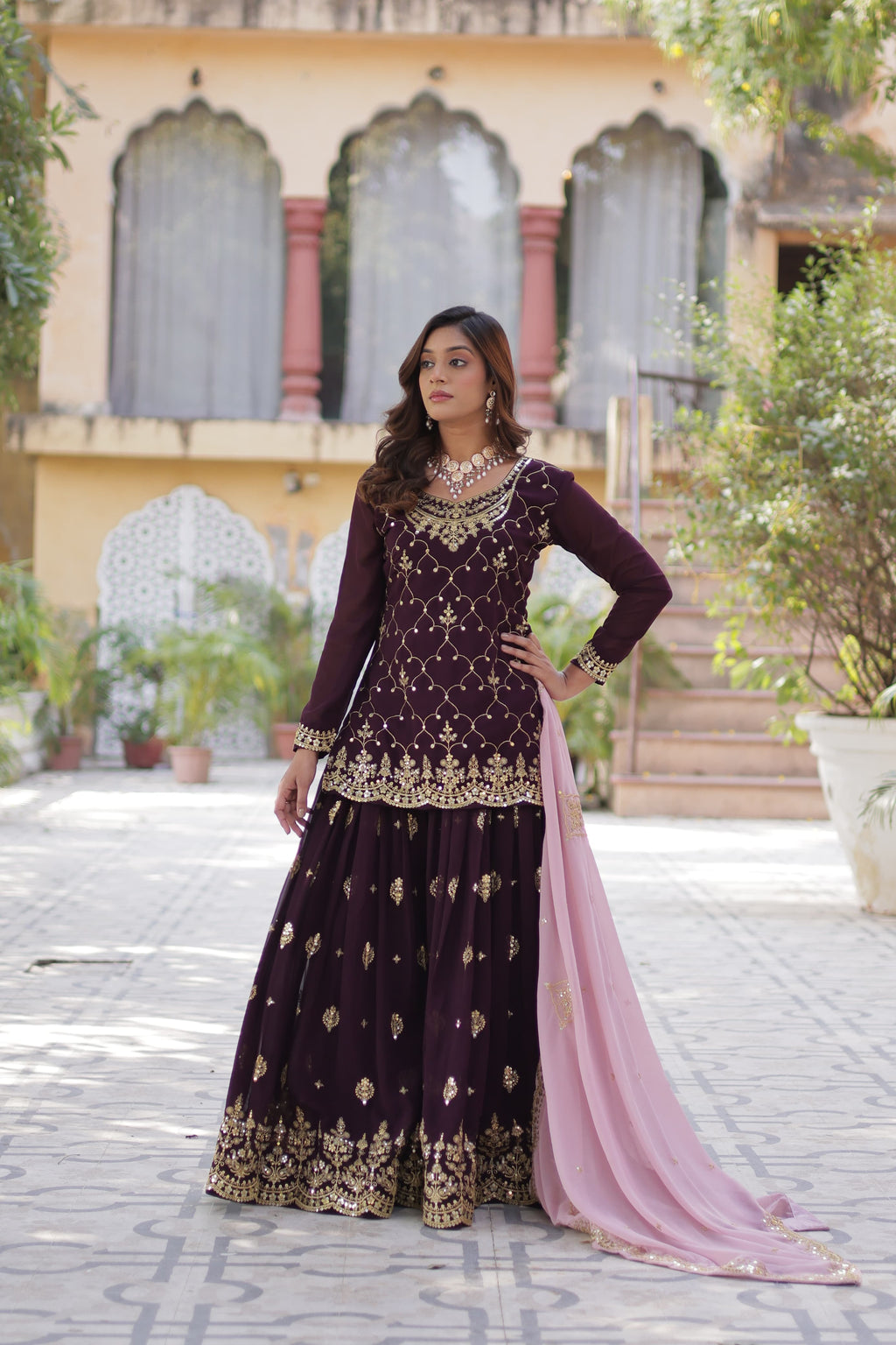 Mesmerizing Faux Georgette Sequins Embroidered Top Palazzo Suit - Ethnicwish